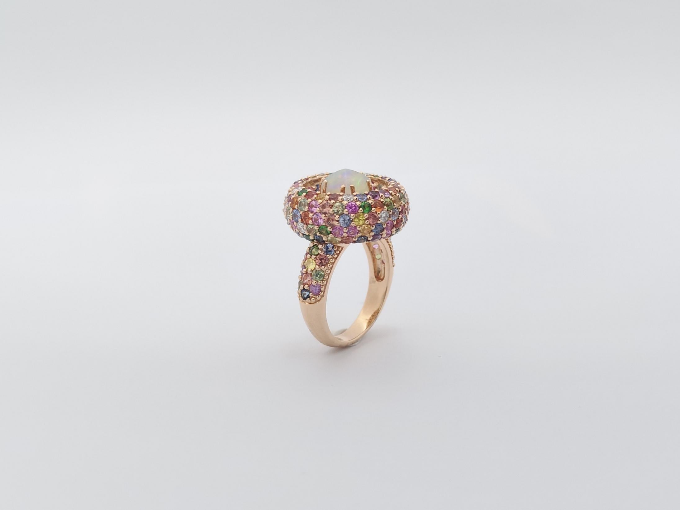 Opal, Rainbow Colour Sapphire and Diamond Ring set in 18K Rose Gold Settings For Sale 7