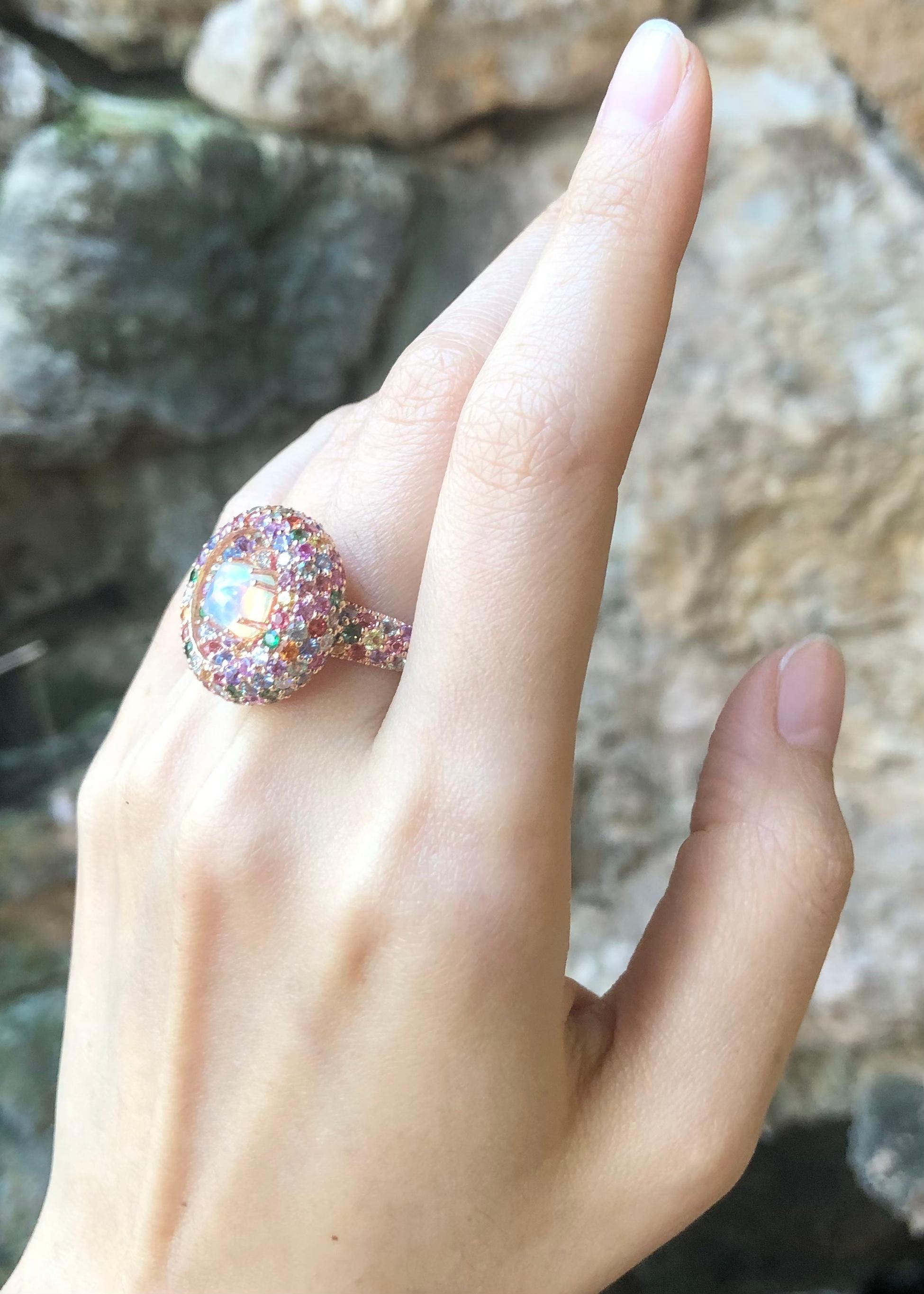 Contemporary Opal, Rainbow Colour Sapphire and Diamond Ring set in 18K Rose Gold Settings For Sale