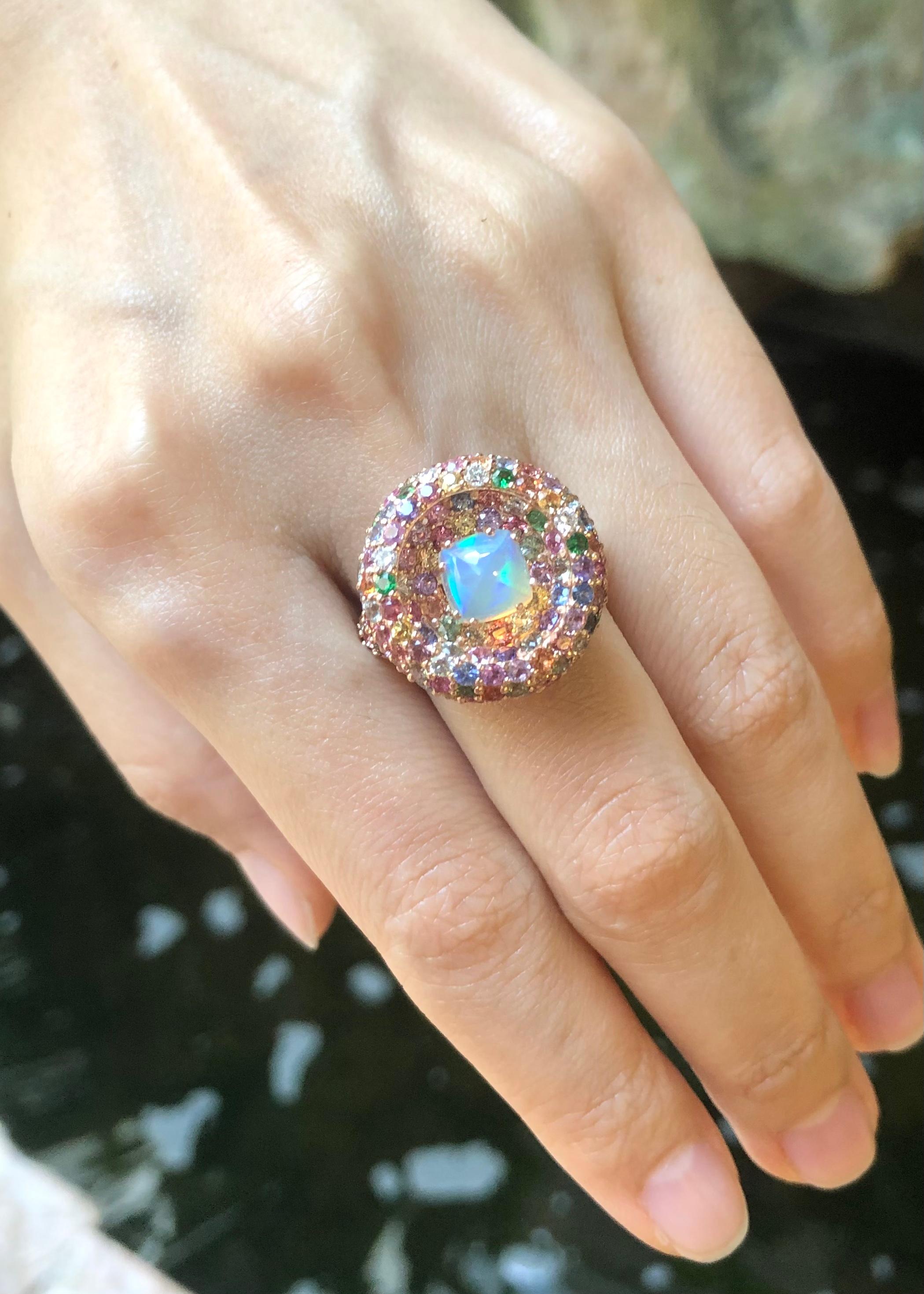 Mixed Cut Opal, Rainbow Colour Sapphire and Diamond Ring set in 18K Rose Gold Settings For Sale