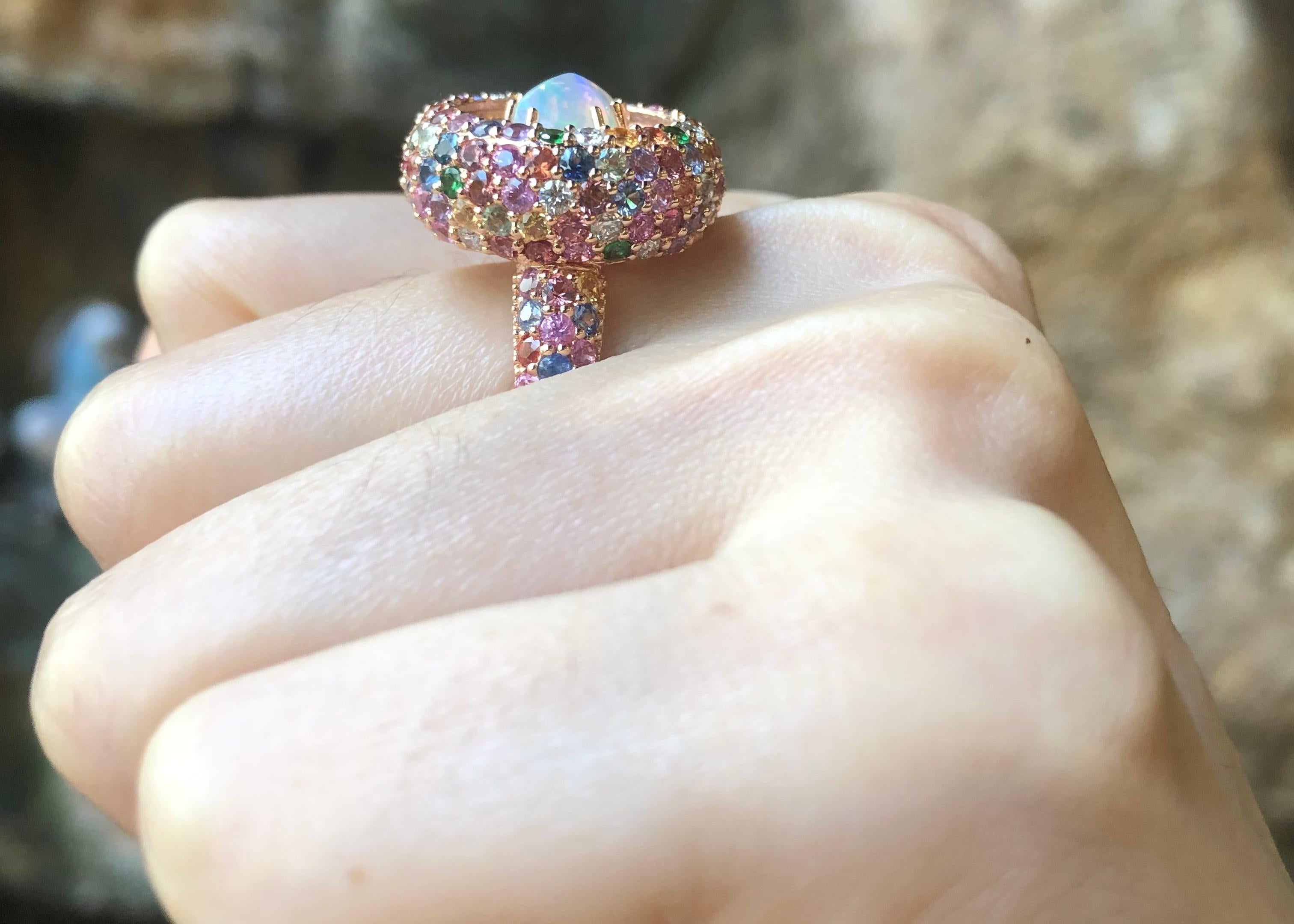 Women's Opal, Rainbow Colour Sapphire and Diamond Ring set in 18K Rose Gold Settings For Sale