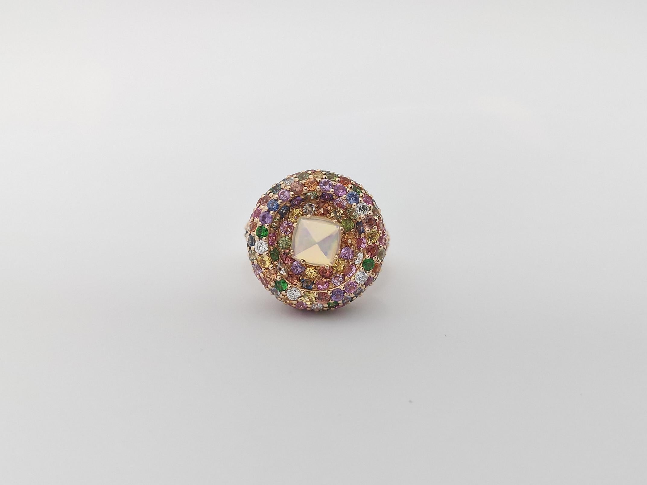 Opal, Rainbow Colour Sapphire and Diamond Ring set in 18K Rose Gold Settings For Sale 2