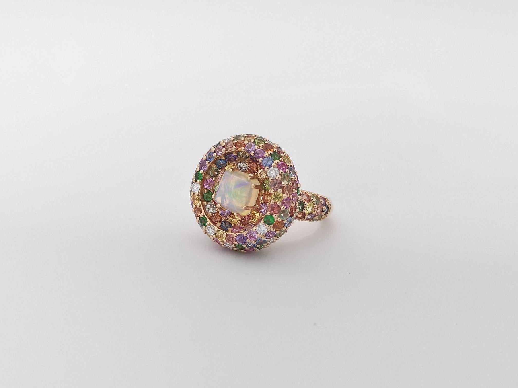 Opal, Rainbow Colour Sapphire and Diamond Ring set in 18K Rose Gold Settings For Sale 3