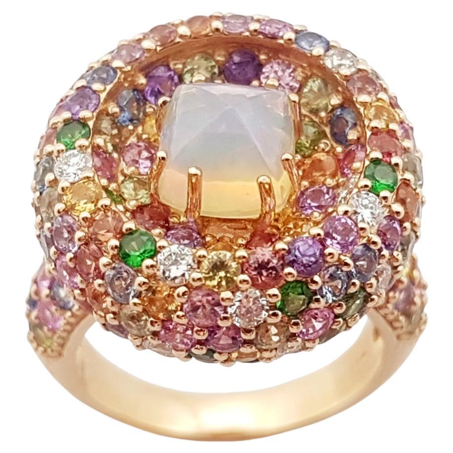 Opal, Rainbow Colour Sapphire and Diamond Ring set in 18K Rose Gold Settings
