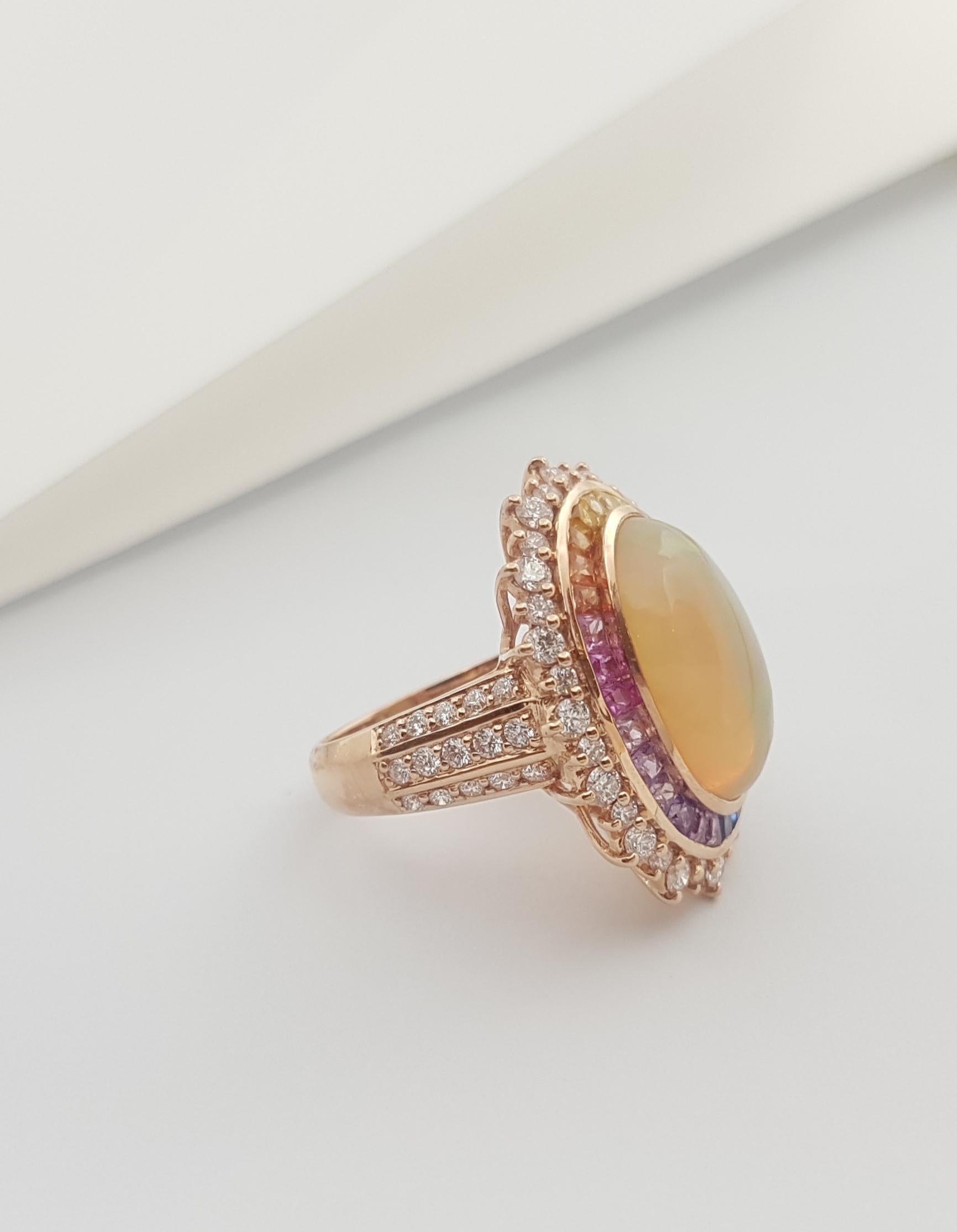 Opal, Rainbow Coloured Sapphire and Diamond Ring Set in 18k Rose Gold Settings For Sale 3