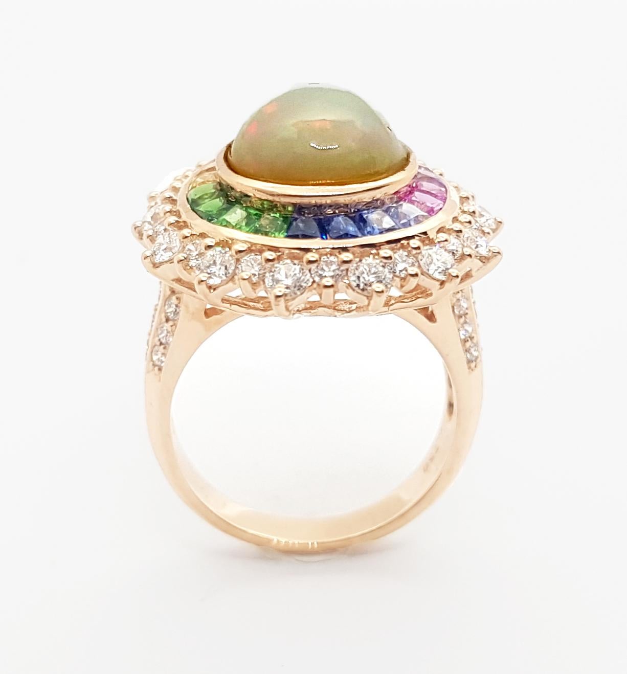 Opal, Rainbow Coloured Sapphire and Diamond Ring Set in 18k Rose Gold Settings For Sale 3