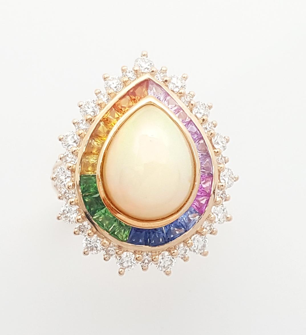 Opal, Rainbow Coloured Sapphire and Diamond Ring Set in 18k Rose Gold Settings For Sale 4