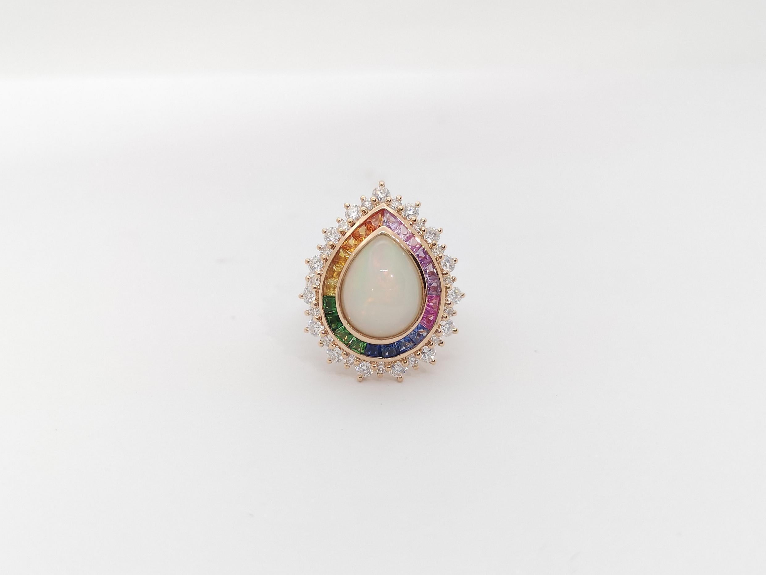 Opal, Rainbow Coloured Sapphire and Diamond Ring Set in 18k Rose Gold Settings For Sale 5