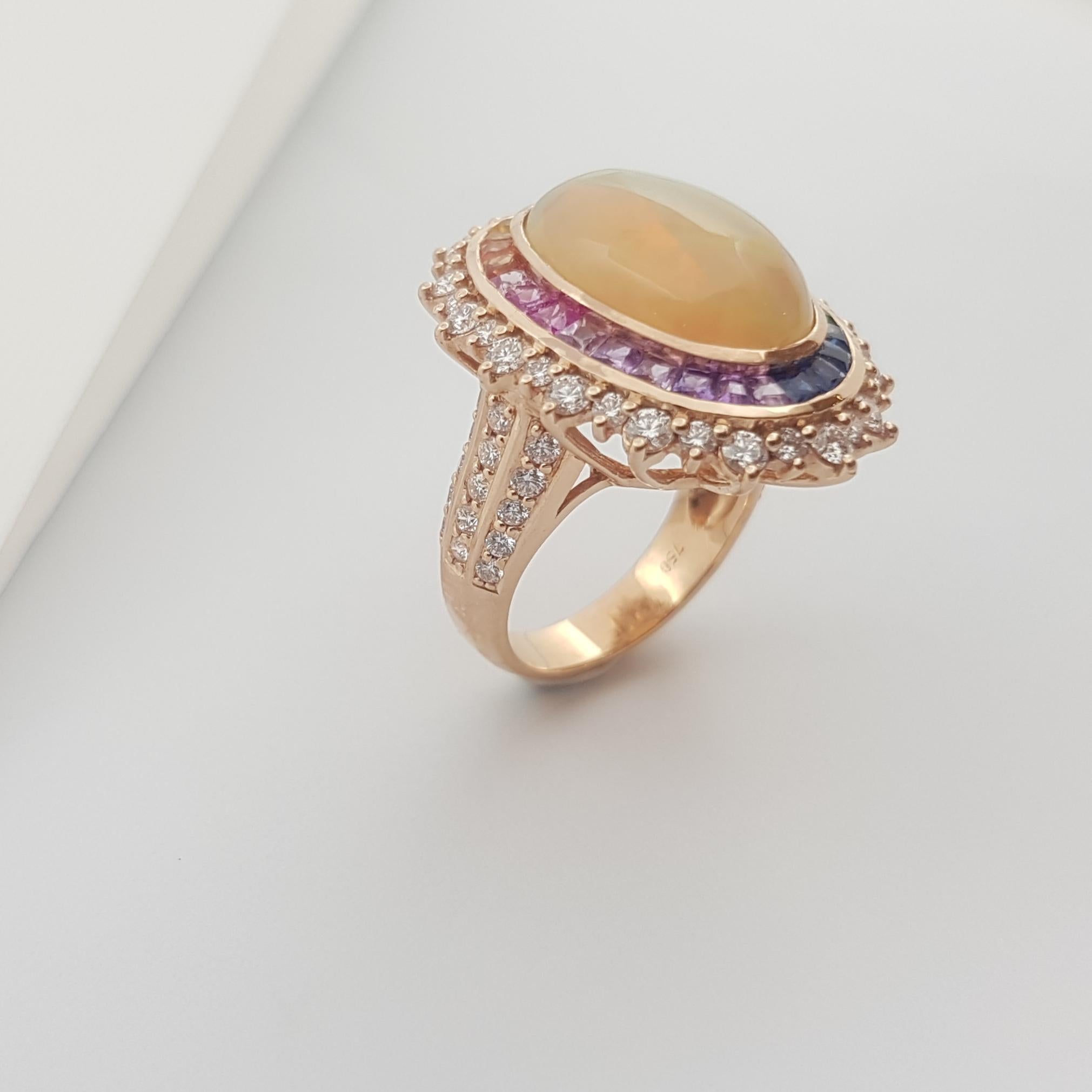 Opal, Rainbow Coloured Sapphire and Diamond Ring Set in 18k Rose Gold Settings For Sale 6
