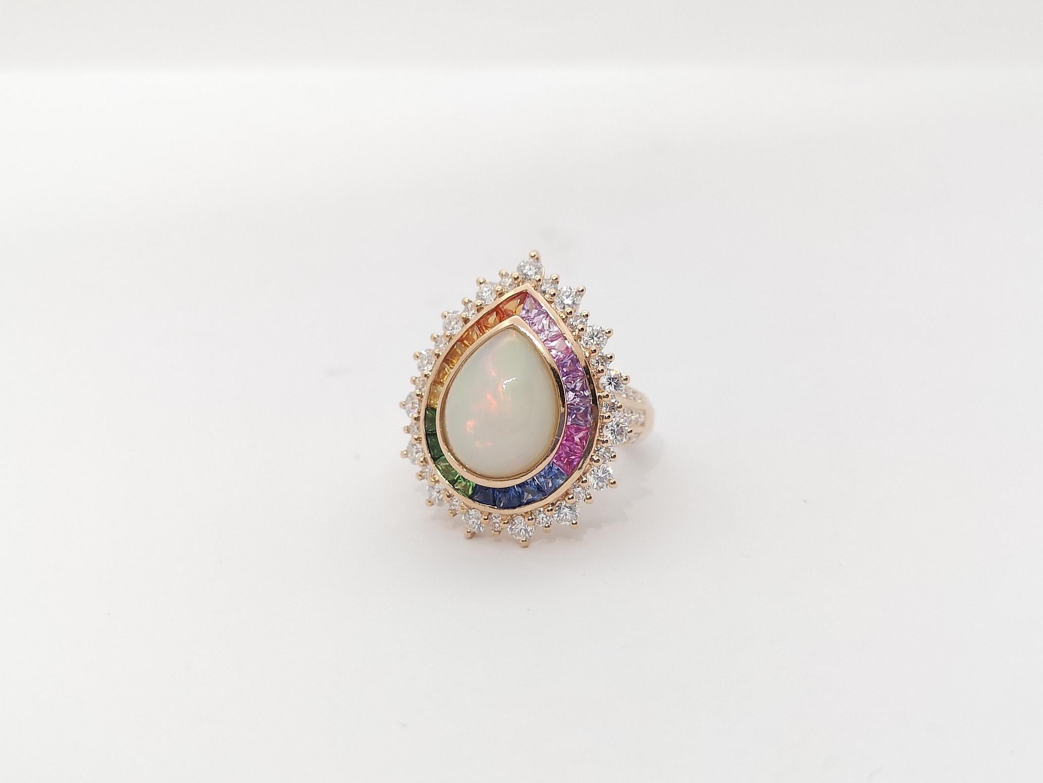 Opal, Rainbow Coloured Sapphire and Diamond Ring Set in 18k Rose Gold Settings For Sale 6