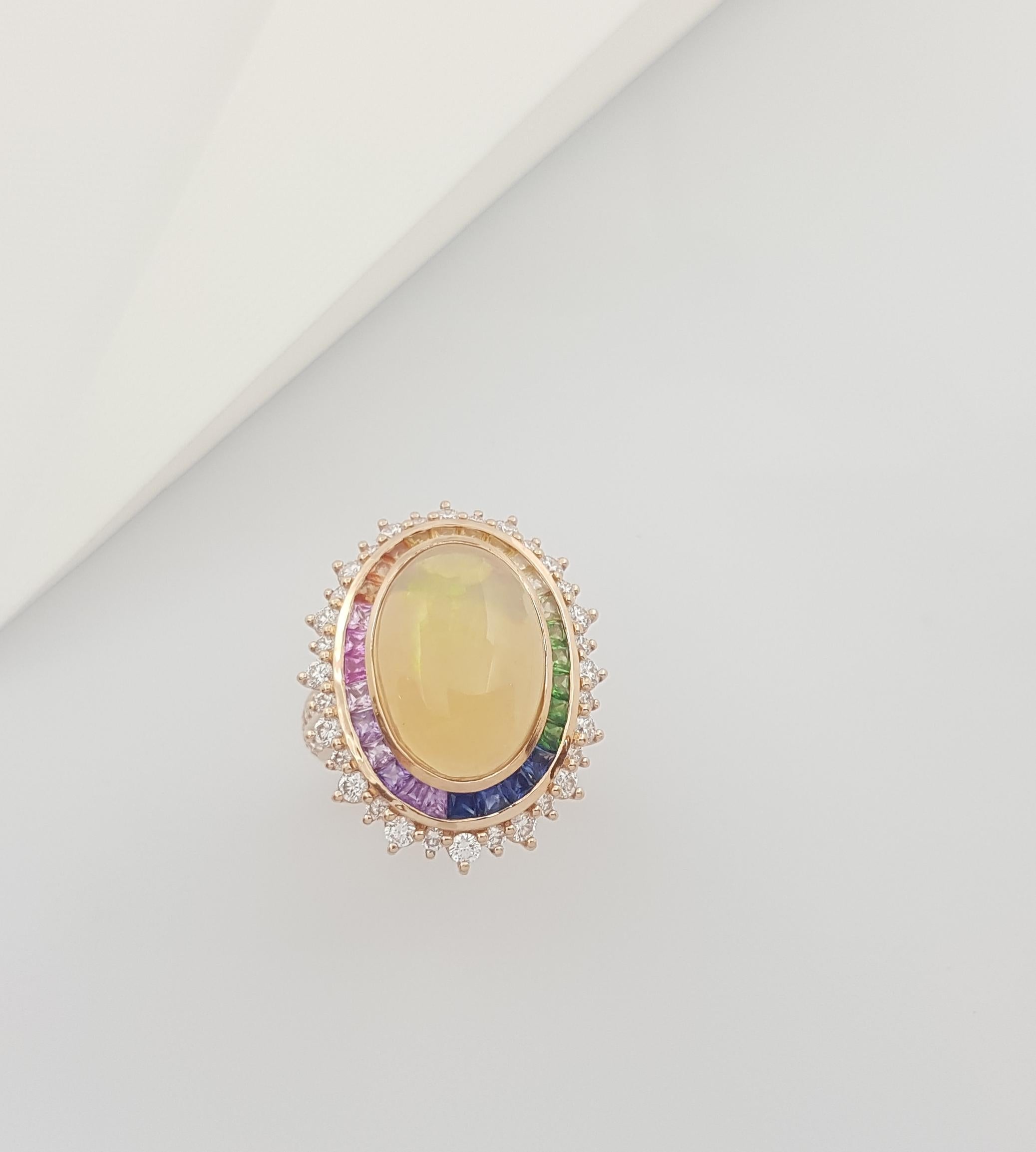 Opal, Rainbow Coloured Sapphire and Diamond Ring Set in 18k Rose Gold Settings For Sale 7