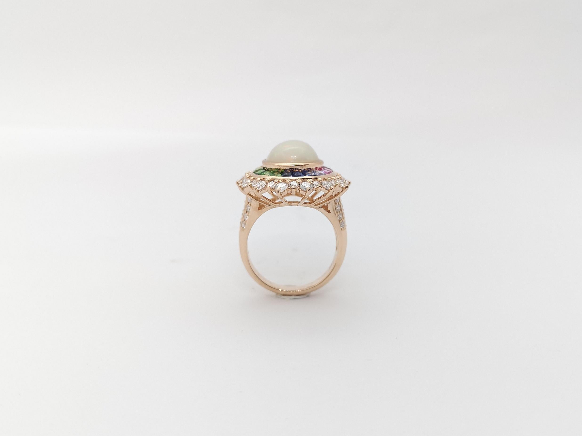 Opal, Rainbow Coloured Sapphire and Diamond Ring Set in 18k Rose Gold Settings For Sale 8