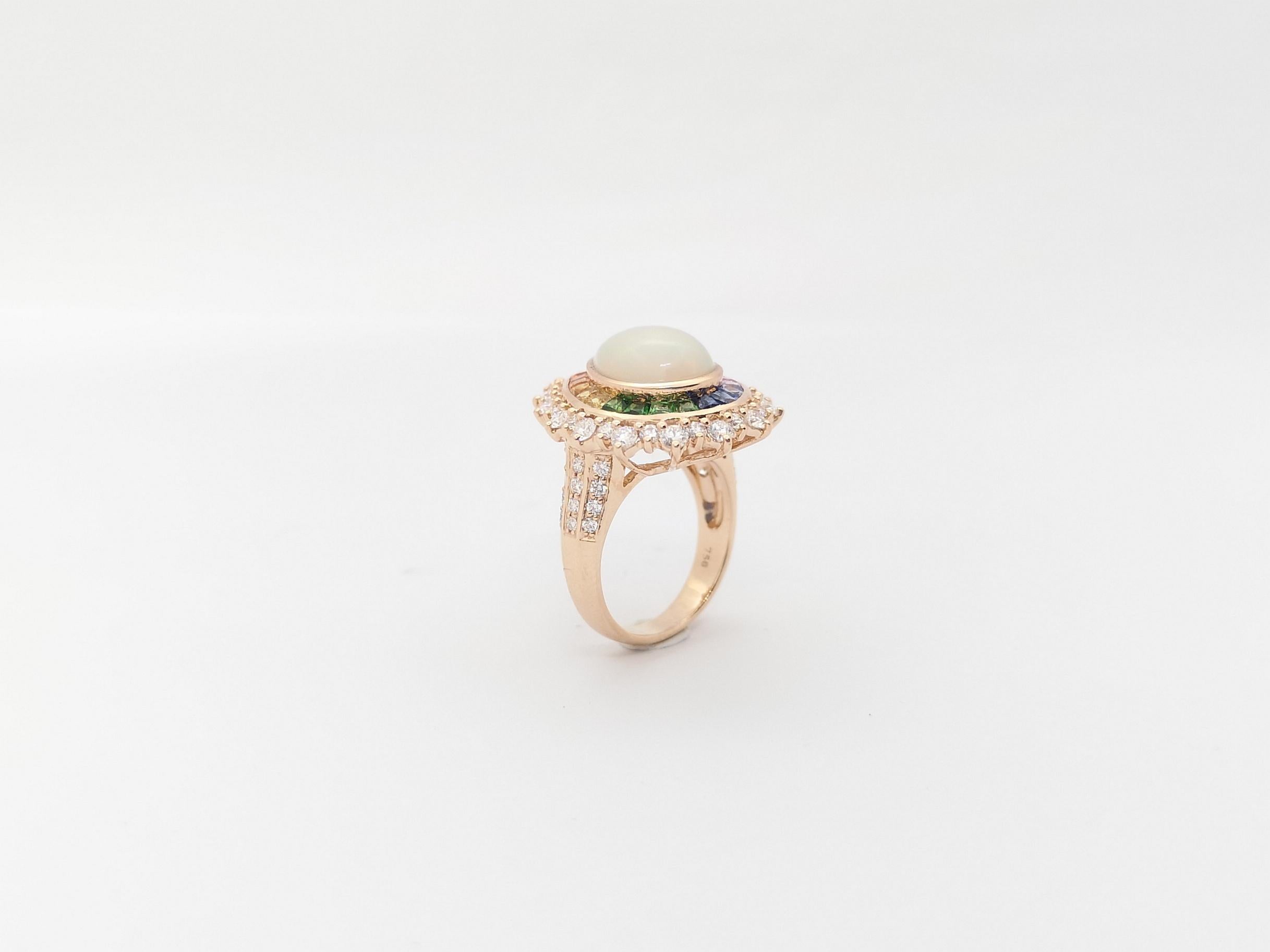 Opal, Rainbow Coloured Sapphire and Diamond Ring Set in 18k Rose Gold Settings For Sale 9