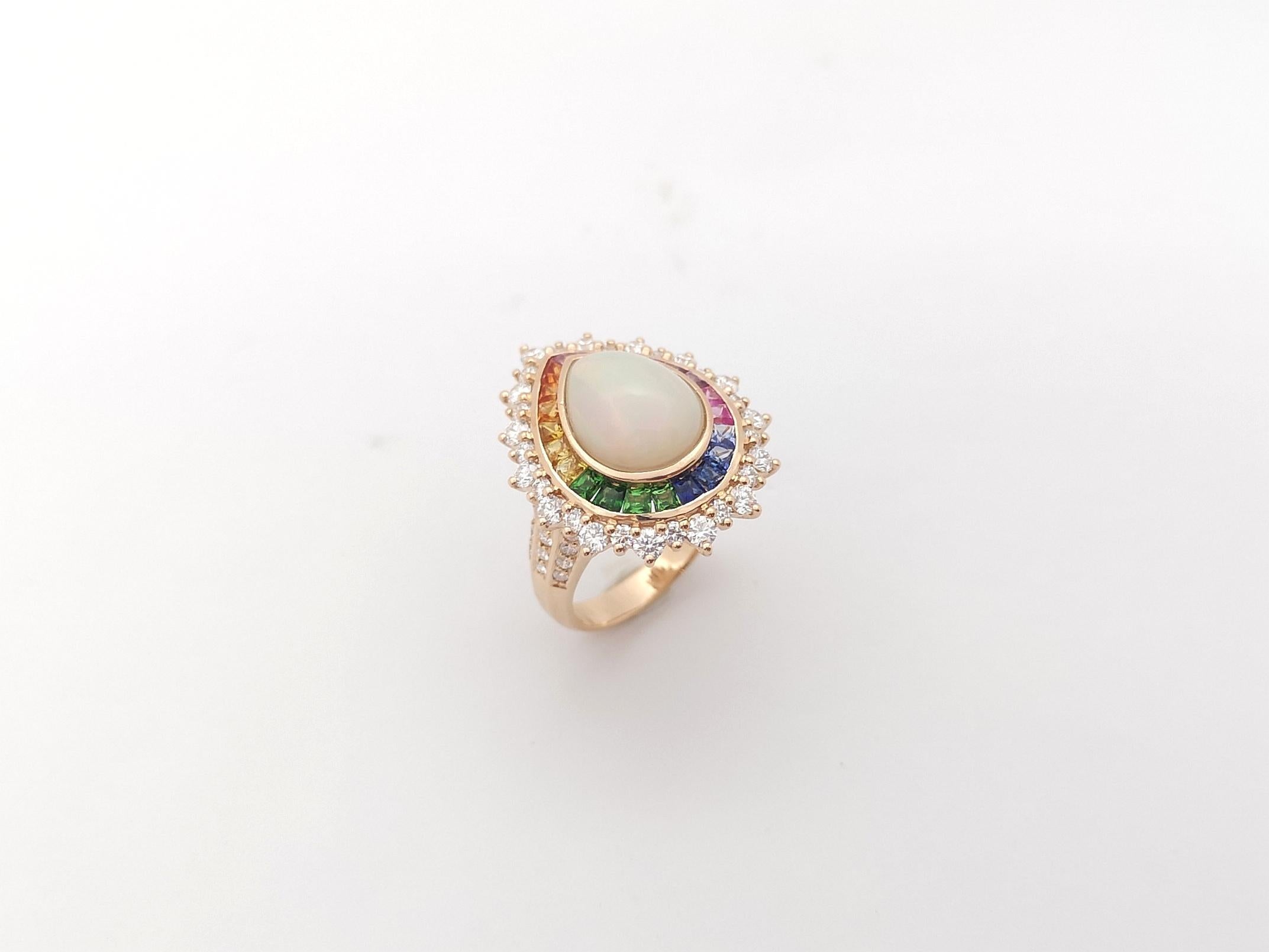 Opal, Rainbow Coloured Sapphire and Diamond Ring Set in 18k Rose Gold Settings For Sale 10