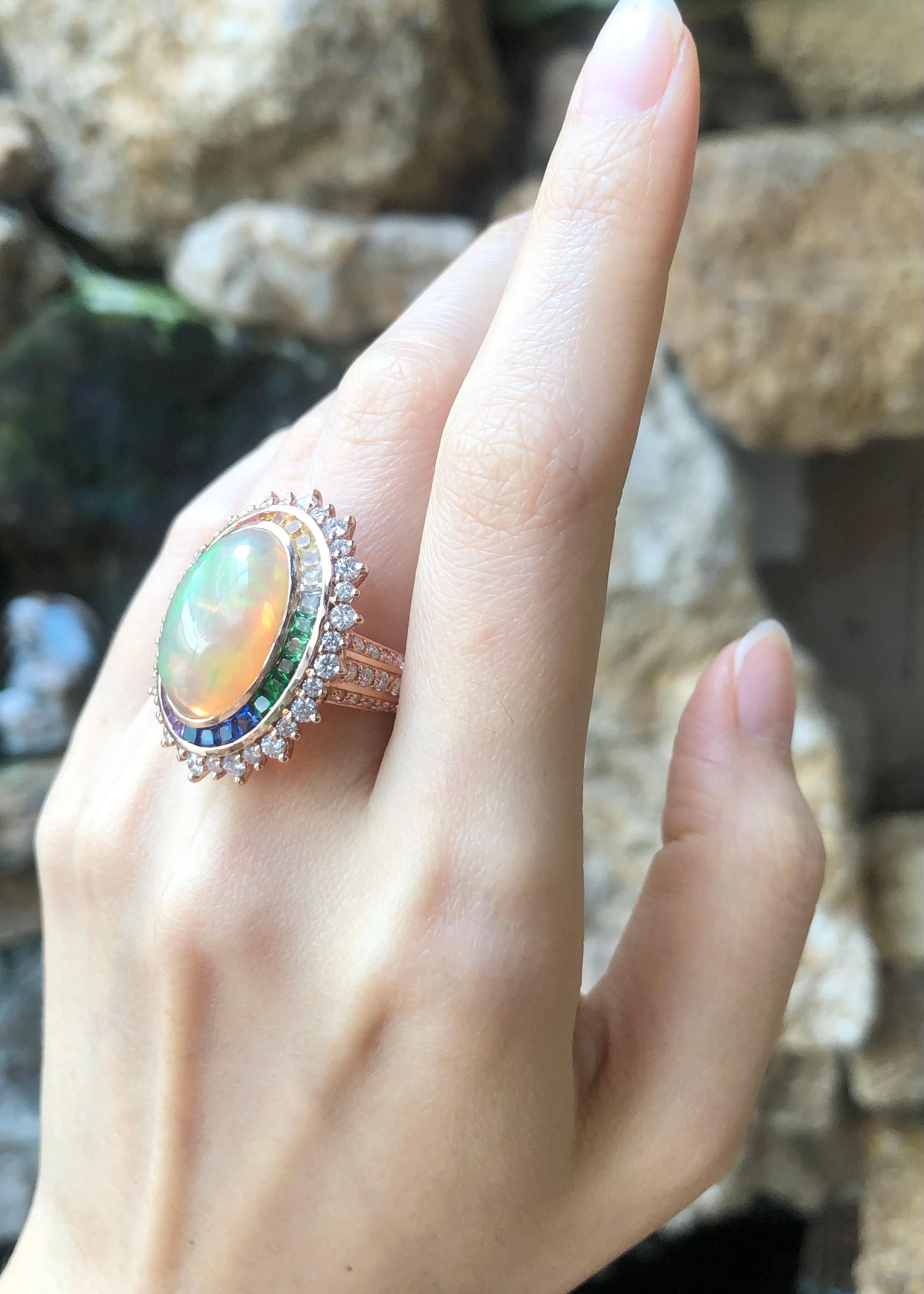 Contemporary Opal, Rainbow Coloured Sapphire and Diamond Ring Set in 18k Rose Gold Settings For Sale