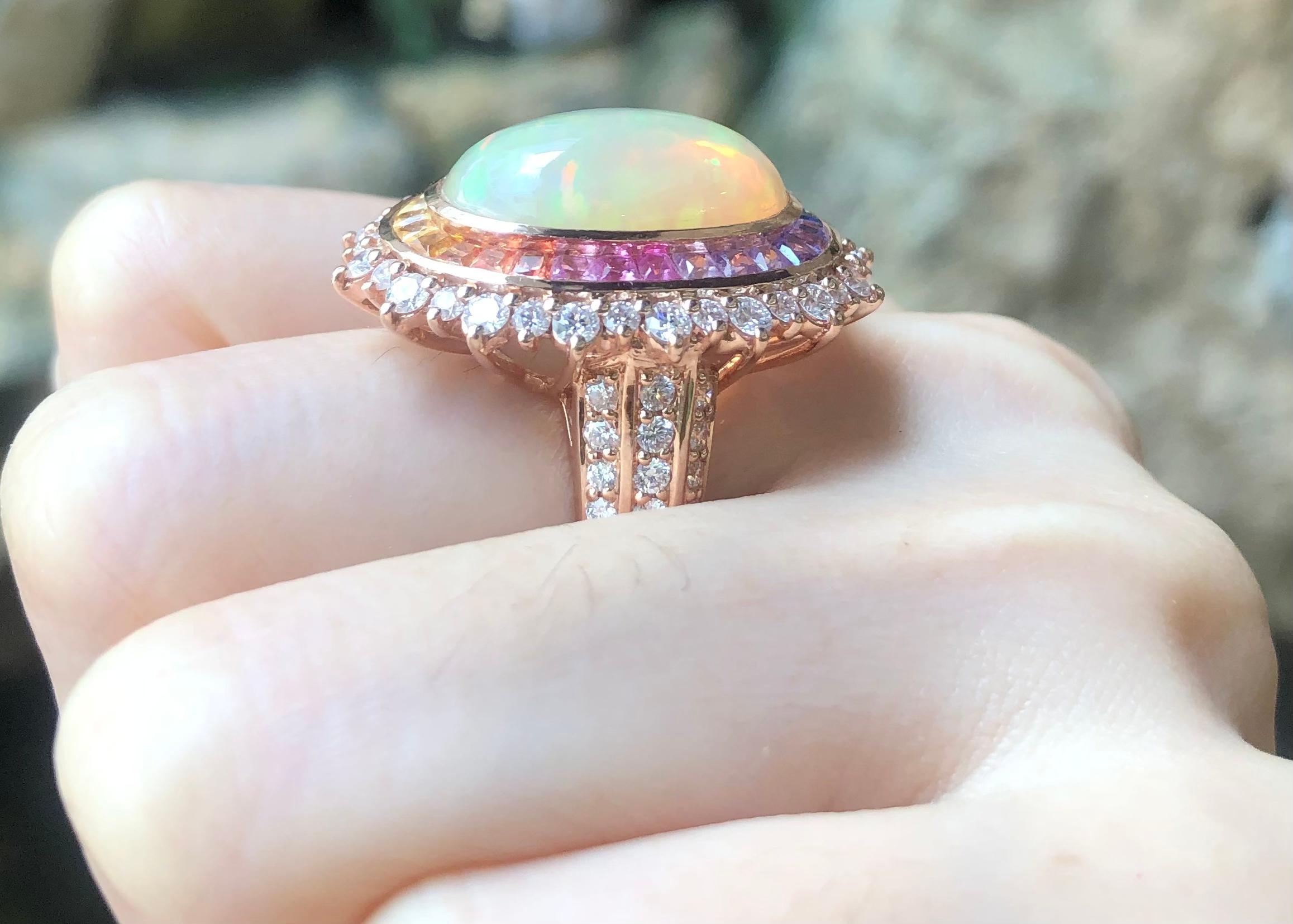 Mixed Cut Opal, Rainbow Coloured Sapphire and Diamond Ring Set in 18k Rose Gold Settings For Sale