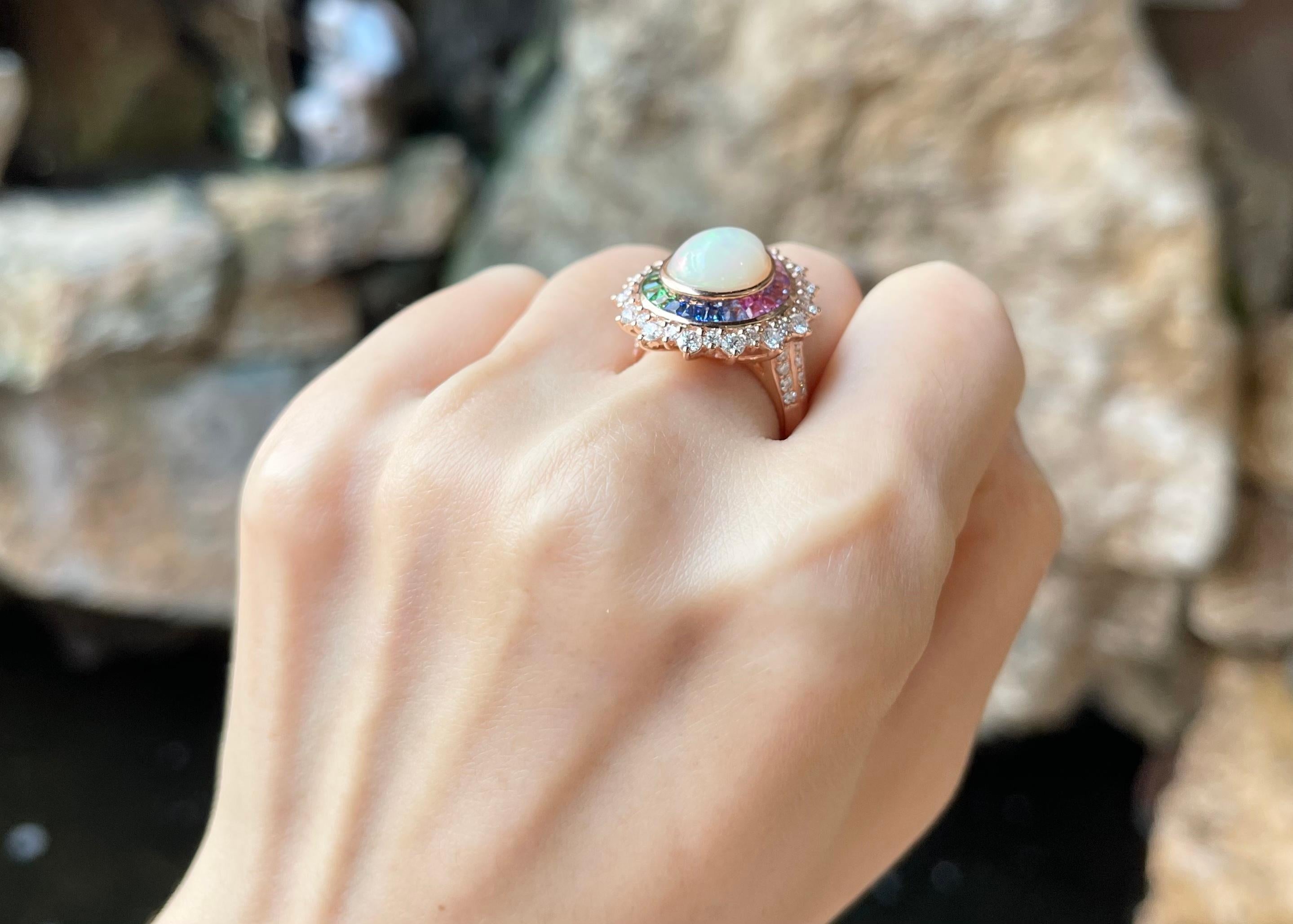 Mixed Cut Opal, Rainbow Coloured Sapphire and Diamond Ring Set in 18k Rose Gold Settings For Sale