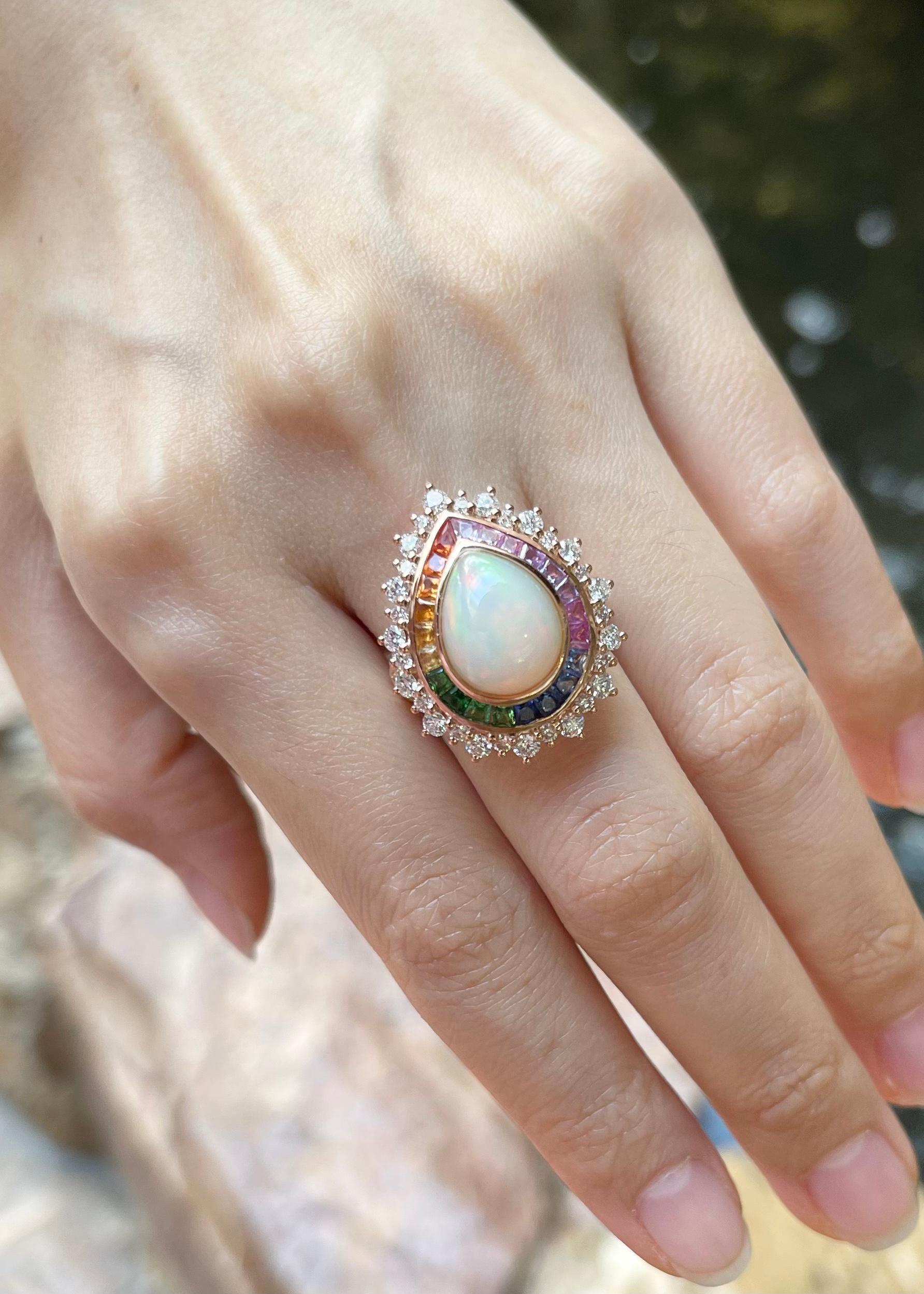 Opal, Rainbow Coloured Sapphire and Diamond Ring Set in 18k Rose Gold Settings For Sale 1