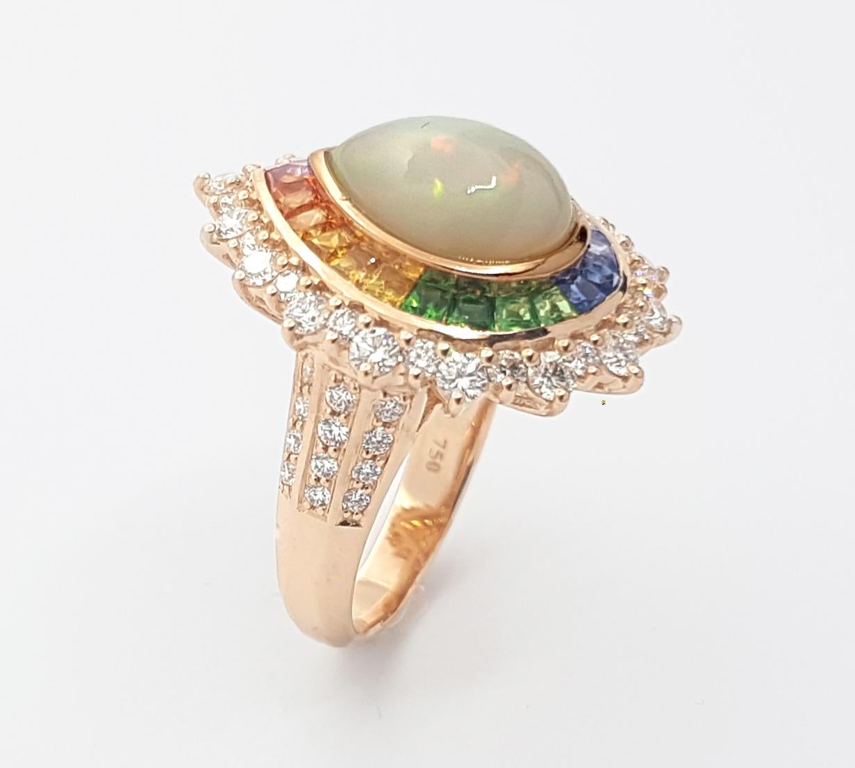 Opal, Rainbow Coloured Sapphire and Diamond Ring Set in 18k Rose Gold Settings For Sale 2