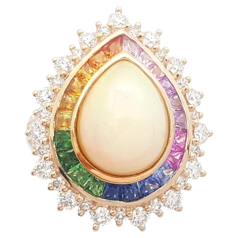 Opal, Rainbow Coloured Sapphire and Diamond Ring Set in 18k Rose Gold Settings For Sale