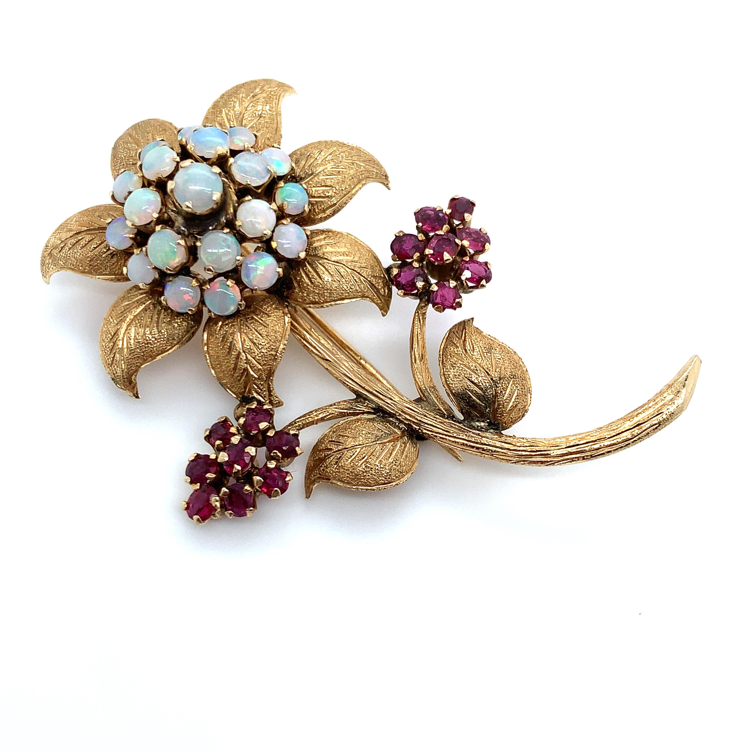 Opal & Red Gemstone Flower Brooch in 10K Yellow Gold Vintage For Sale 4
