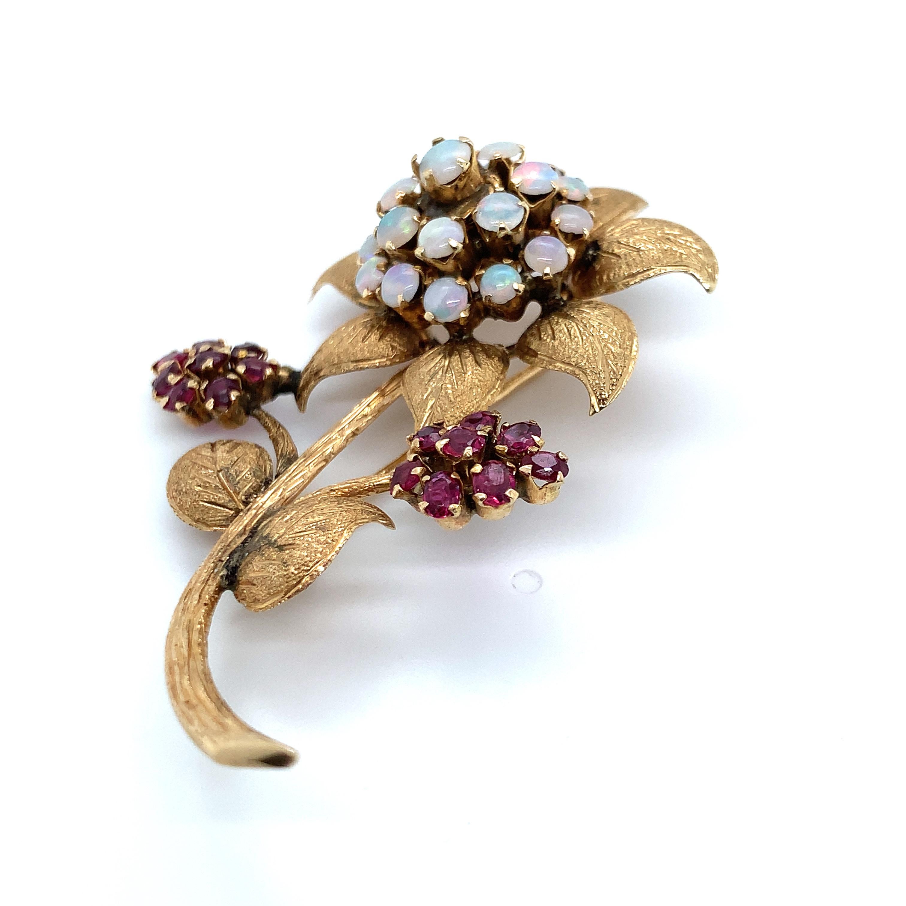 Opal & Red Gemstone Flower Brooch in 10K Yellow Gold Vintage For Sale 6