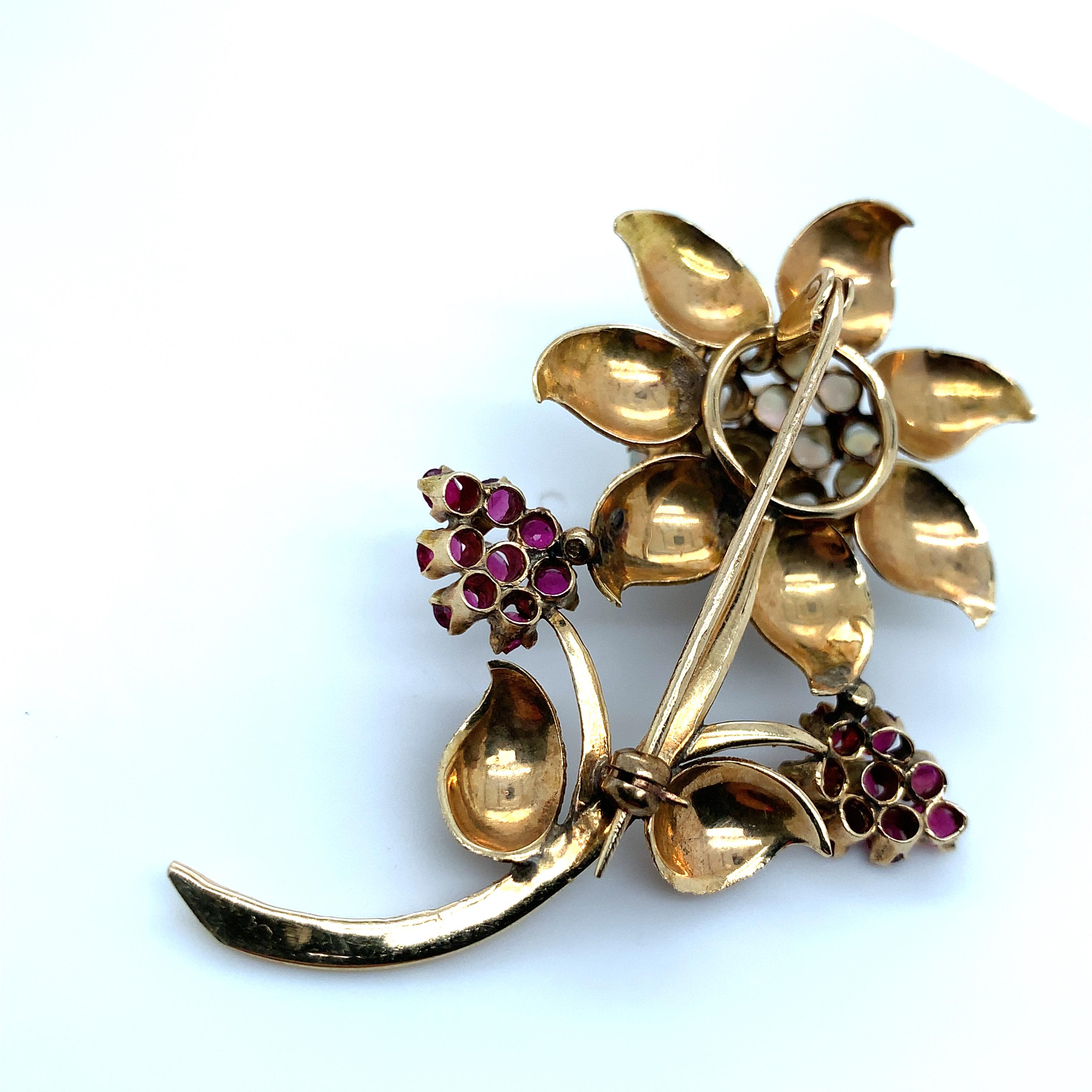 Opal & Red Gemstone Flower Brooch in 10K Yellow Gold Vintage For Sale 8