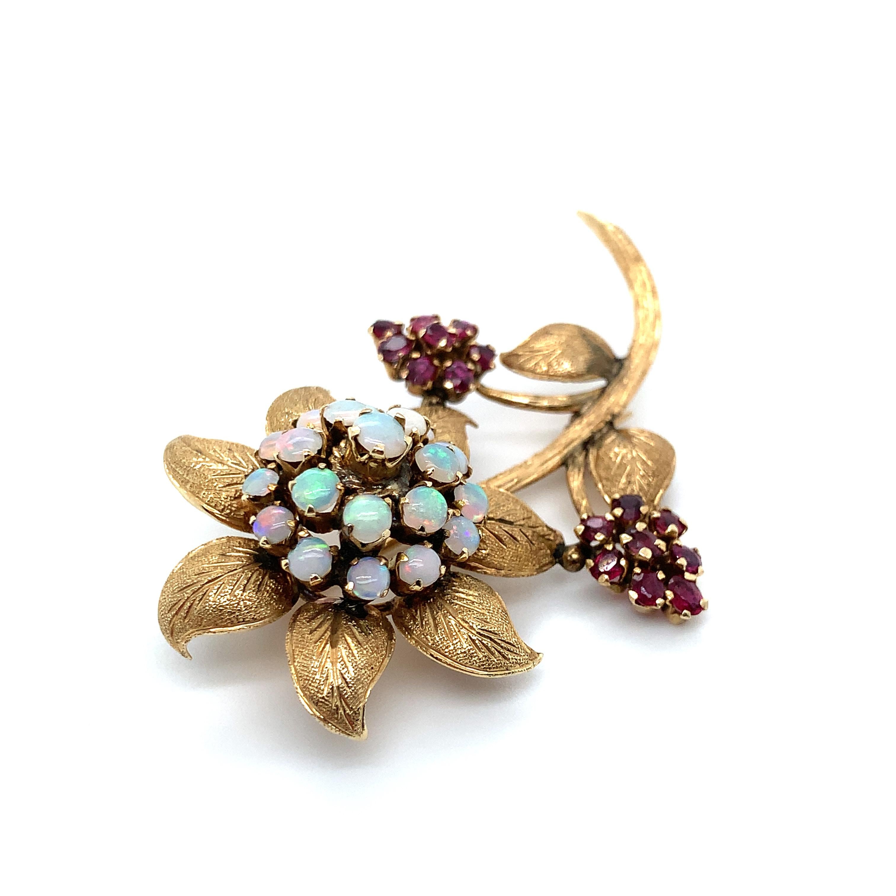 Opal & Red Gemstone Flower Brooch in 10K Yellow Gold Vintage For Sale 2
