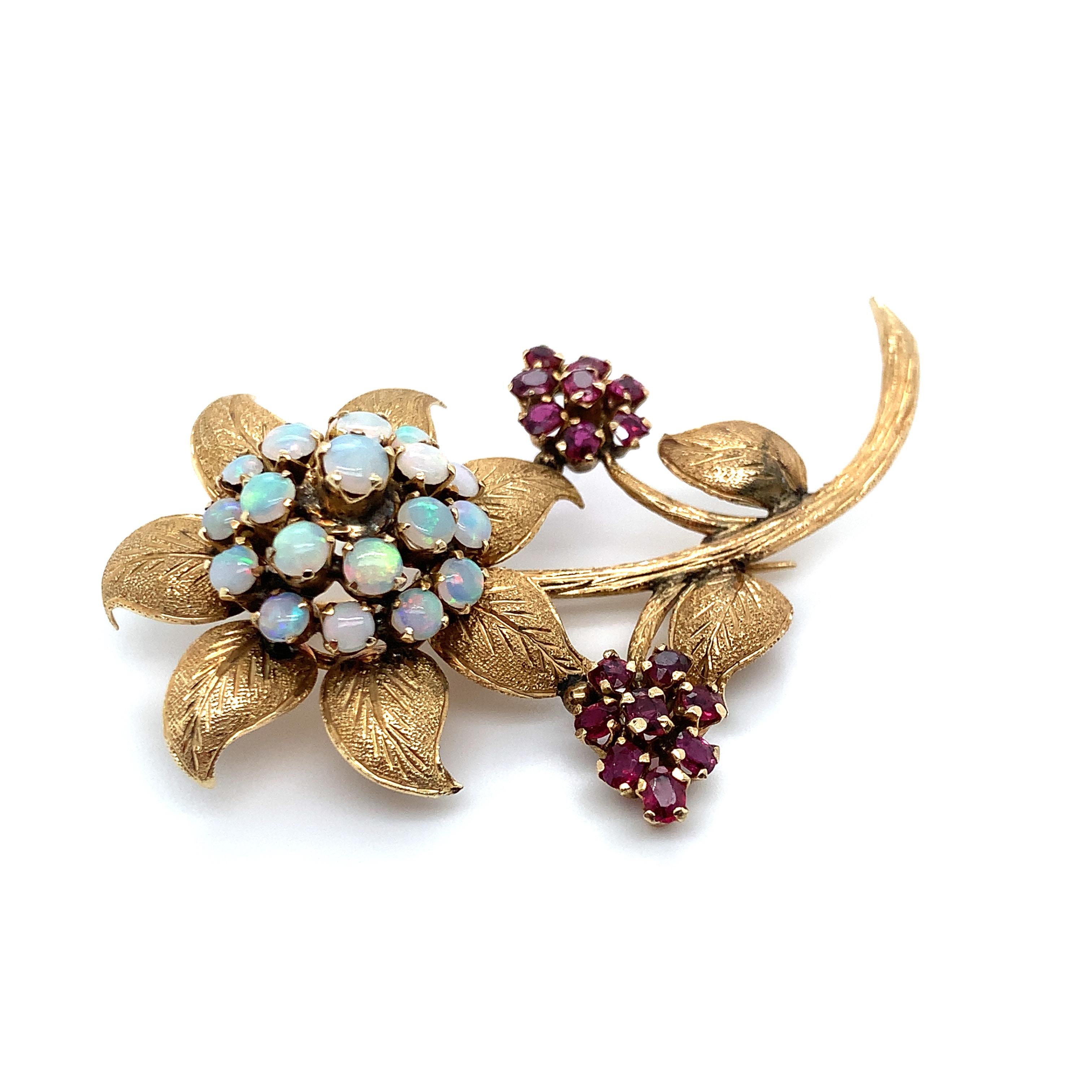 Opal & Red Gemstone Flower Brooch in 10K Yellow Gold Vintage For Sale 3
