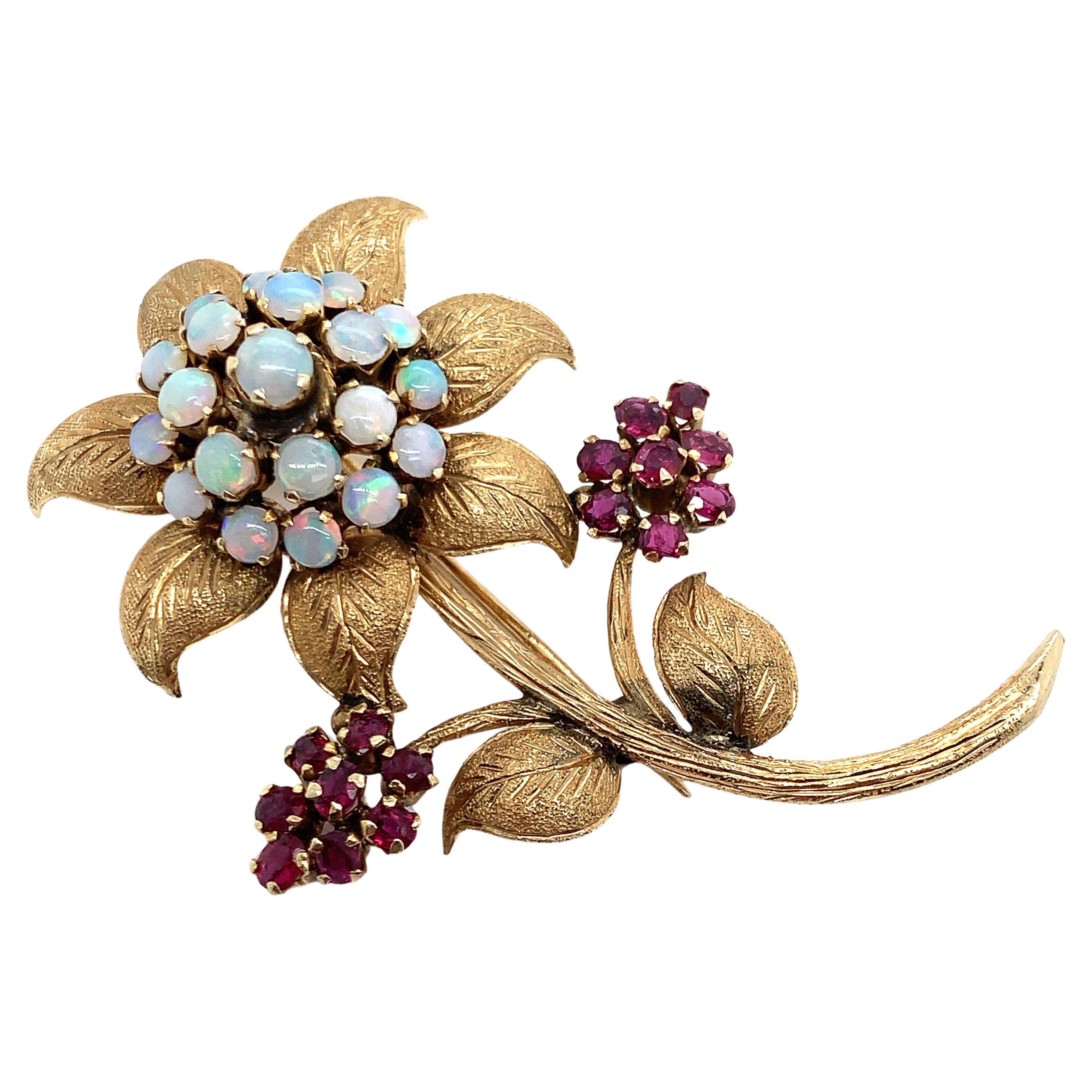 Opal & Red Gemstone Flower Brooch in 10K Yellow Gold Vintage