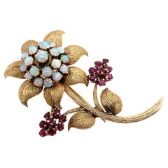 Opal & roter Edelstein Blume Brosche in 10K Gelbgold Vintage