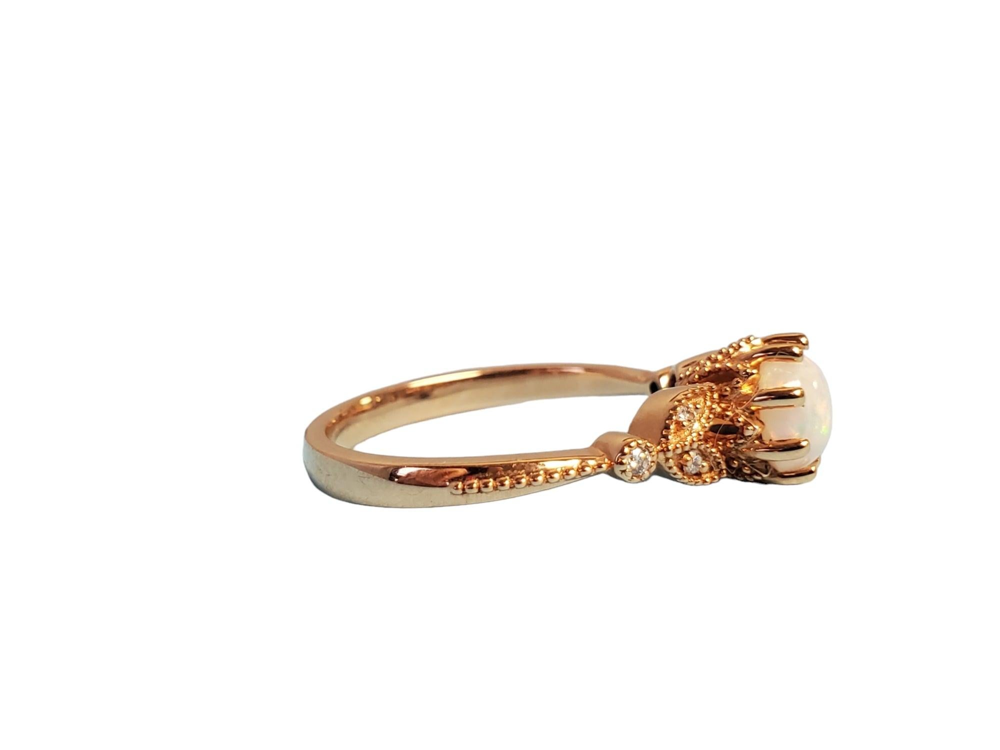 Modern Opal Ring 18k Rose gold diamond ring designer round white opal center diamond ba For Sale