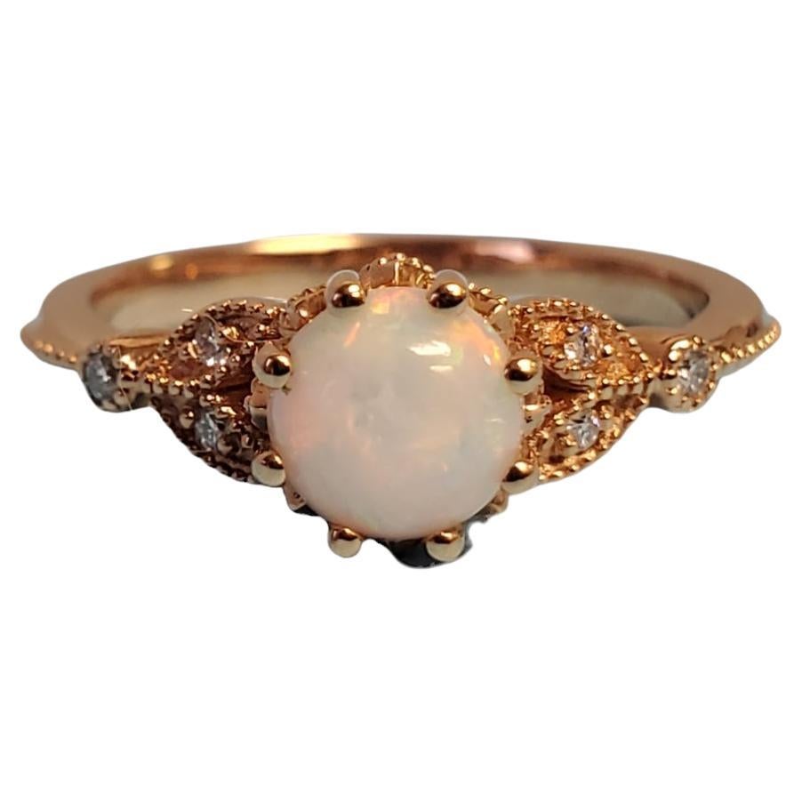 Opal Ring 18k Rose gold diamond ring designer round white opal center diamond ba For Sale