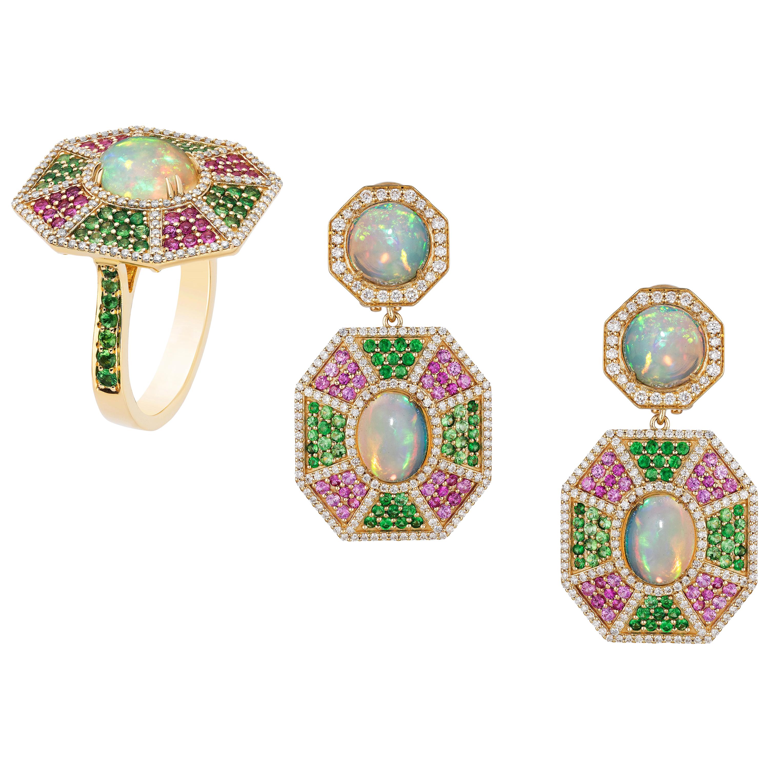 Bague et boucles d'oreilles en opale de Goshwara, tsavorite, saphir rose et diamants
