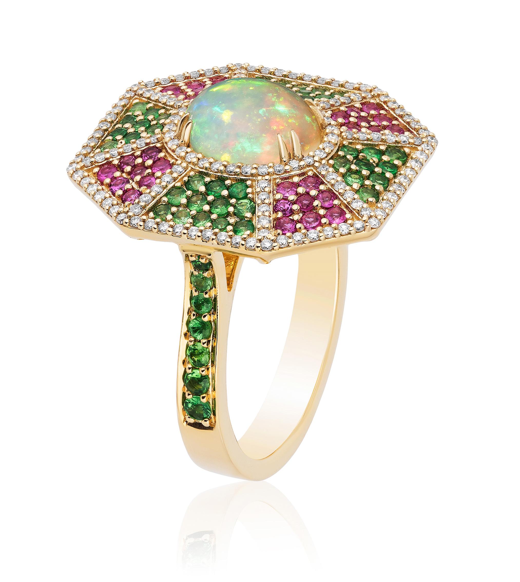 Opal, Tsavorite, Pink Sapphire Hexagon Ring with Diamond in 18k Yellow Gold, from 'G-One' Collection

Stone size: 9 x 7 mm

Gemstone Weight : Opal - 1.18 Carats. 
                                 Pink Sapphire - 0.35 Carats . 
                      
