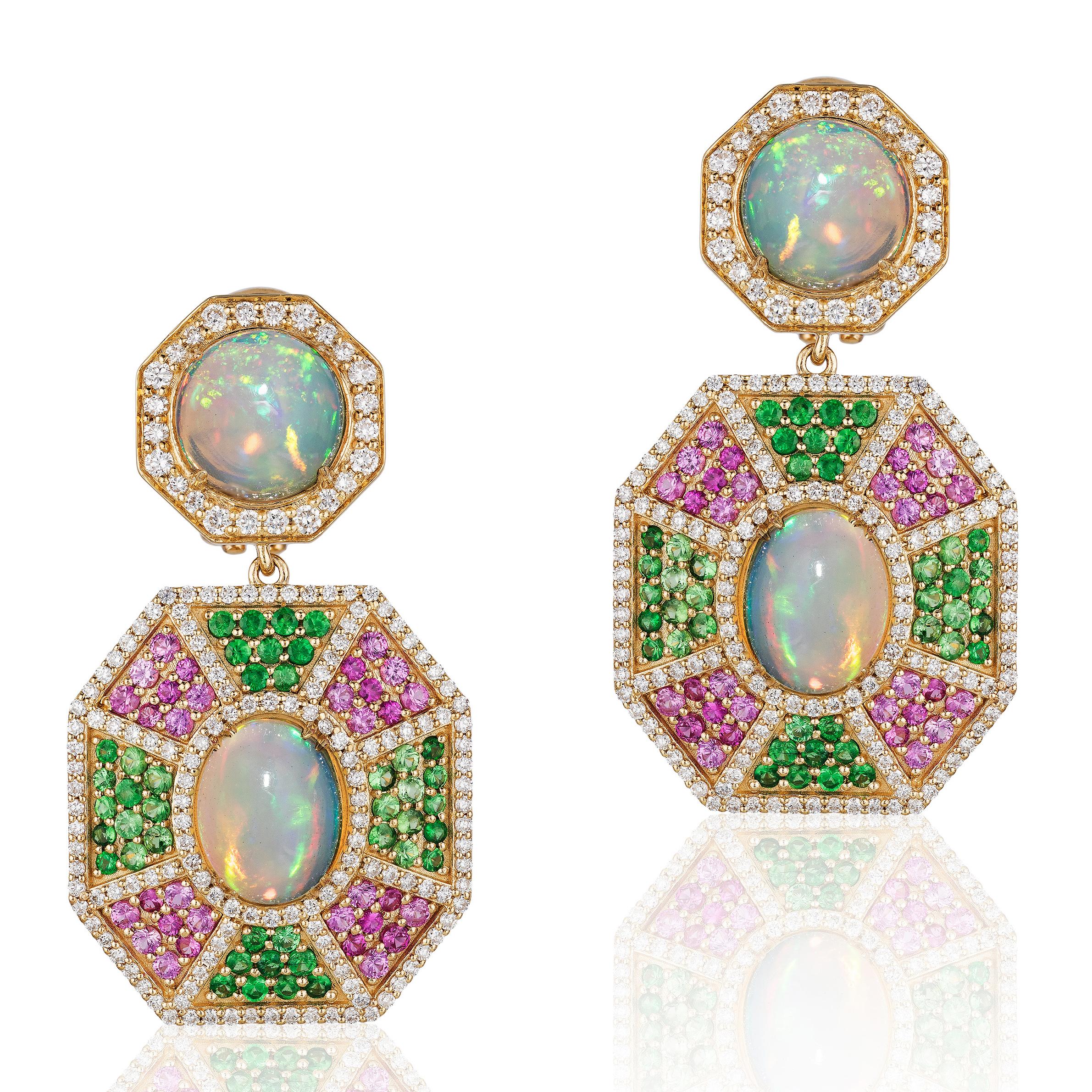 Contemporary Goshwara Opal, Tsavorite, Pink Sapphire With Diamond Ring & Earrings For Sale