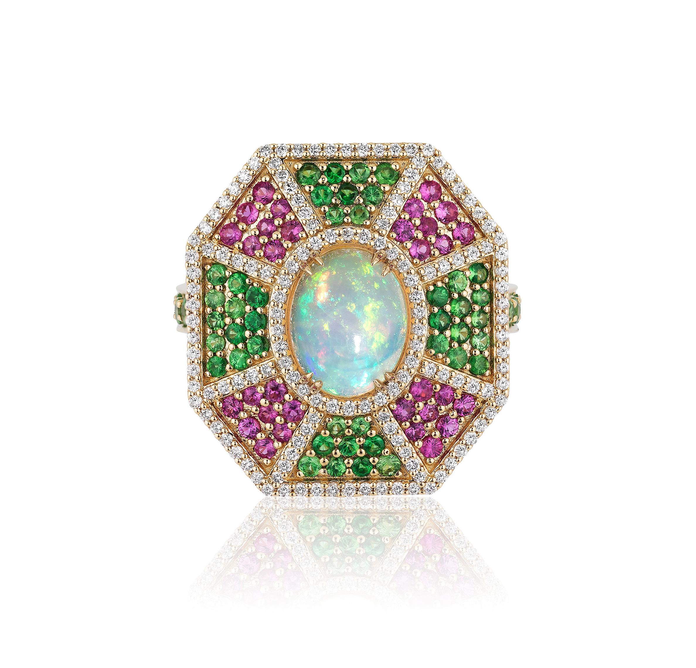 Cabochon Goshwara Opal, Tsavorite, Pink Sapphire With Diamond Ring & Earrings For Sale