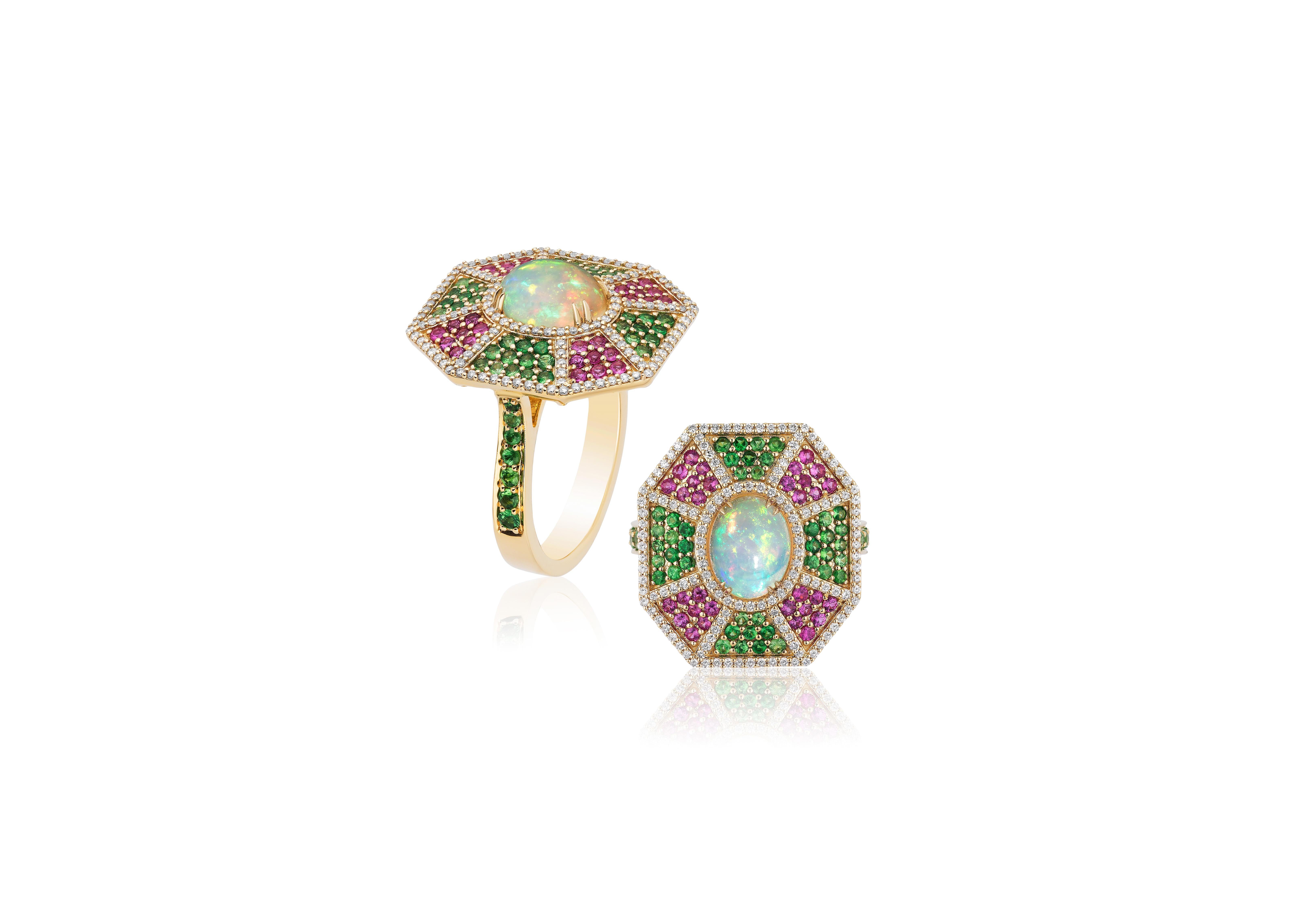 Women's Goshwara Opal, Tsavorite, Pink Sapphire With Diamond Ring & Earrings For Sale