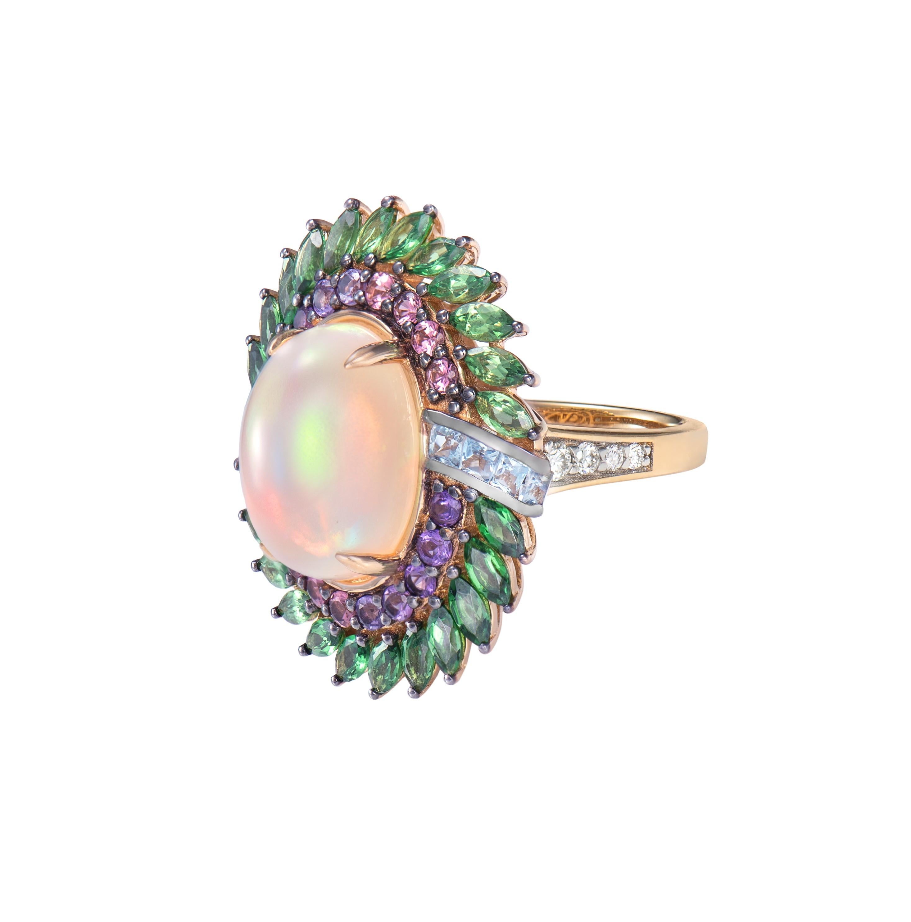 Contemporary Opal Ring in 18 Karat Yellow Gold with Multi Gemstone and Diamond For Sale