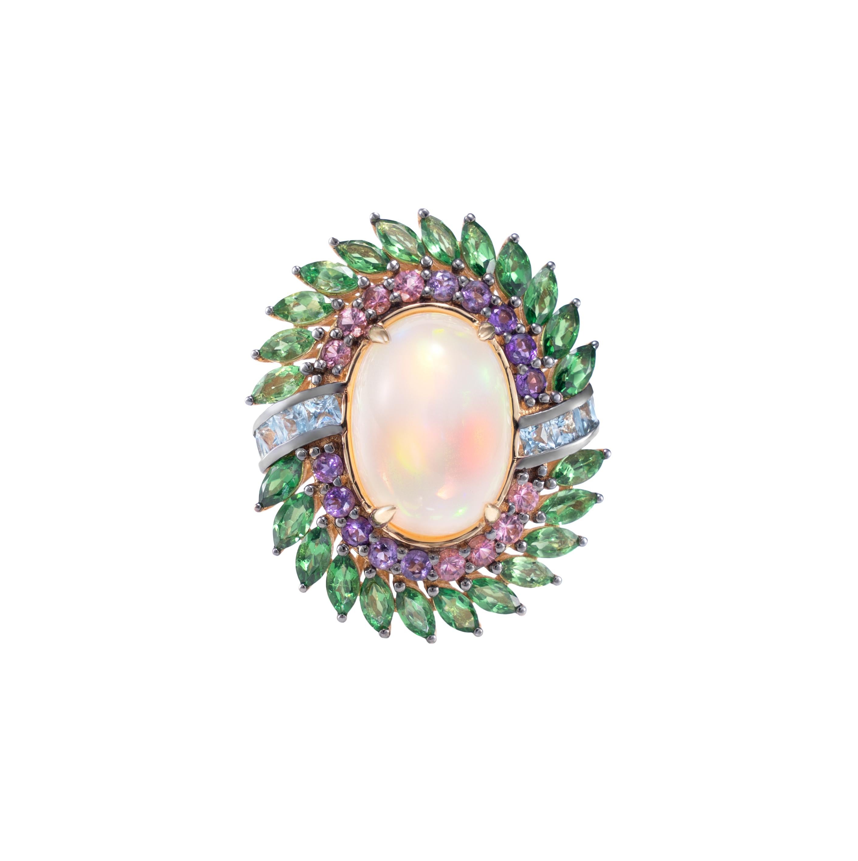 Cabochon Opal Ring in 18 Karat Yellow Gold with Multi Gemstone and Diamond For Sale