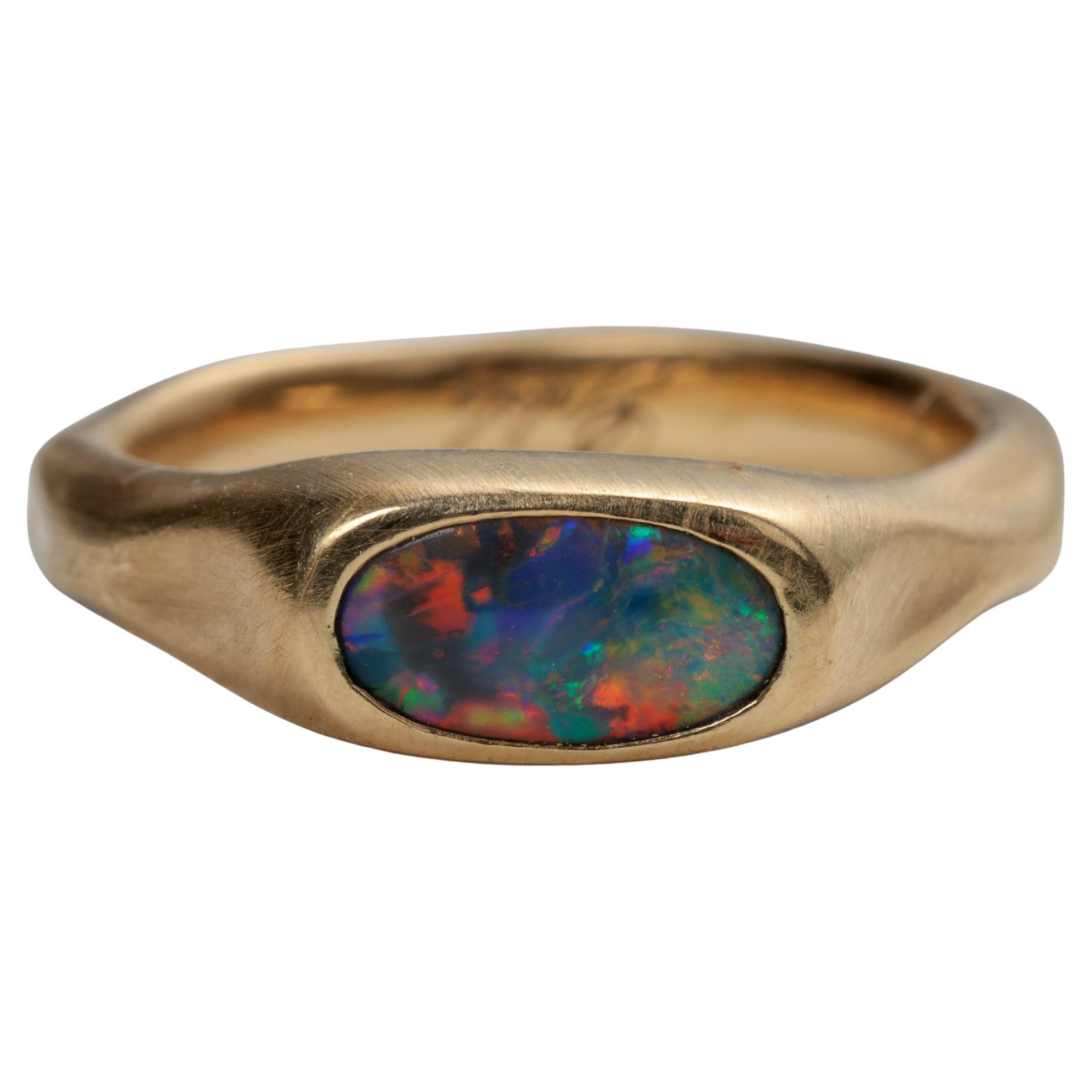 Opal Ring Lightning Ridge Australian, Red Flash, 18K Size 8.5