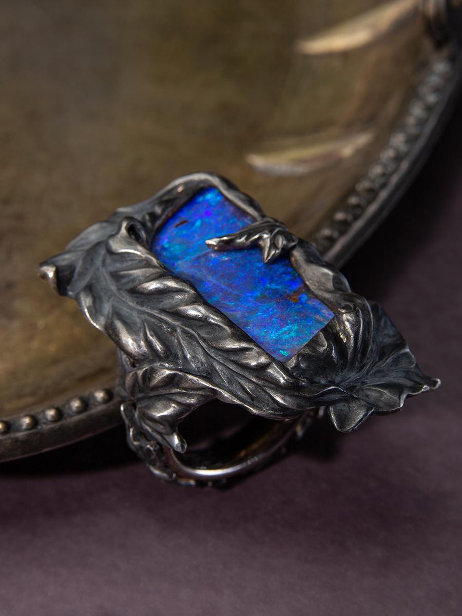 Art Nouveau Ocean Blue Opal Ring Gold Ivy collection Australian Blue Opal Indigo For Sale