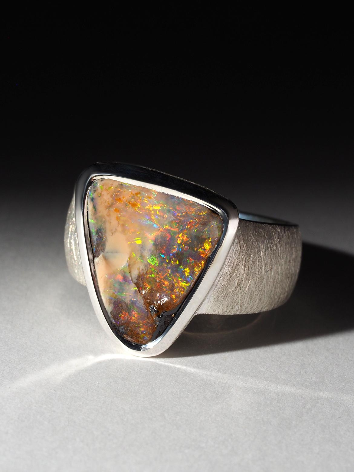 Trillion Cut Opal Ring Red Color Boulder Natural Australian Opal Gemstone Mens gift idea male