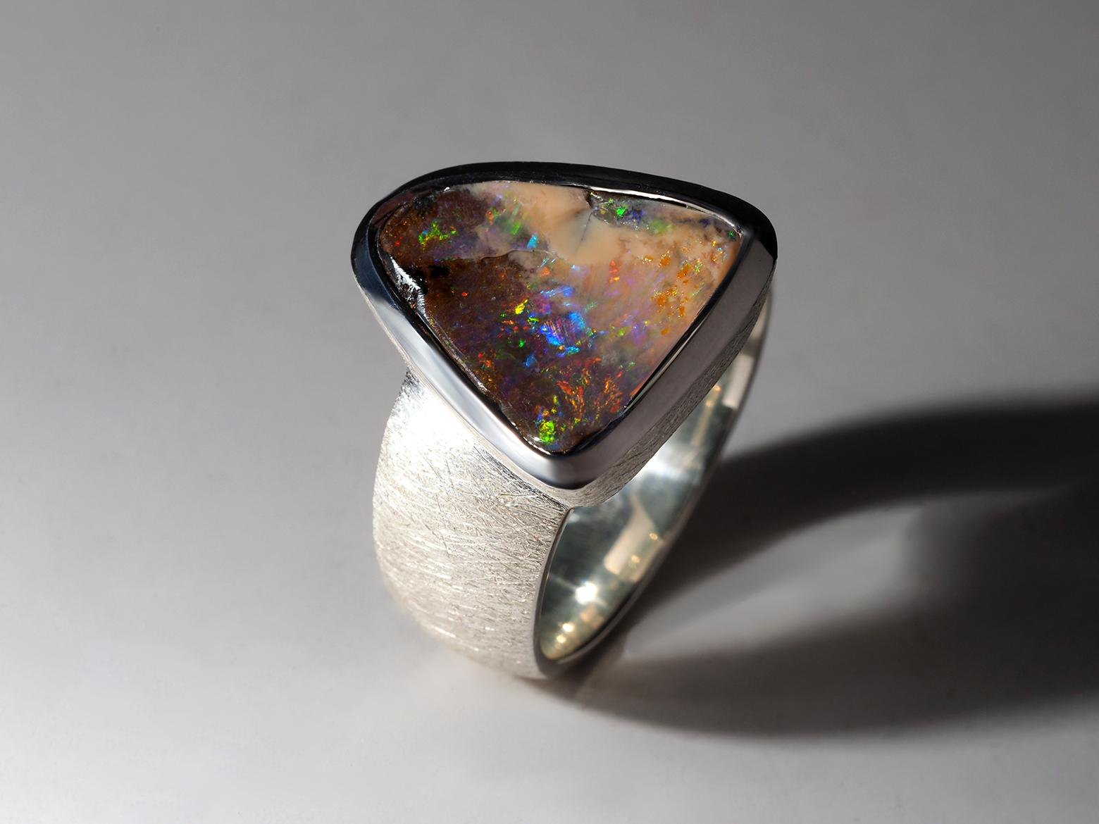 Opal Ring Red Color Boulder Natural Australian Opal Gemstone Mens gift idea male In New Condition In Berlin, DE