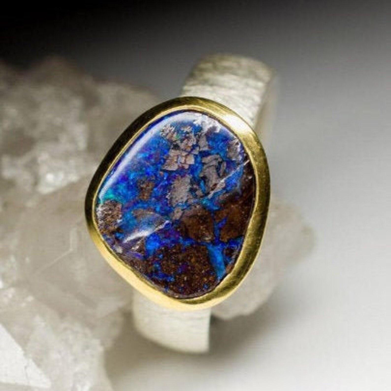 Mixed Cut Opal Ring silver Blue Classic Style Gemstone Unisex Jewelry gift for him For Sale