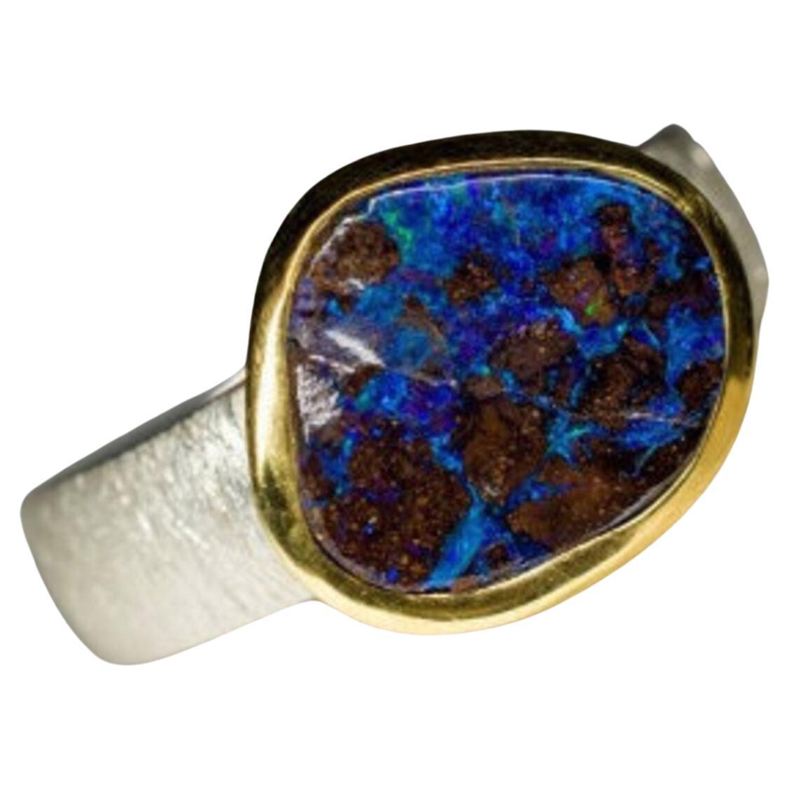 Opal Ring silver Blue Classic Style Gemstone Unisex Jewelry gift for him For Sale