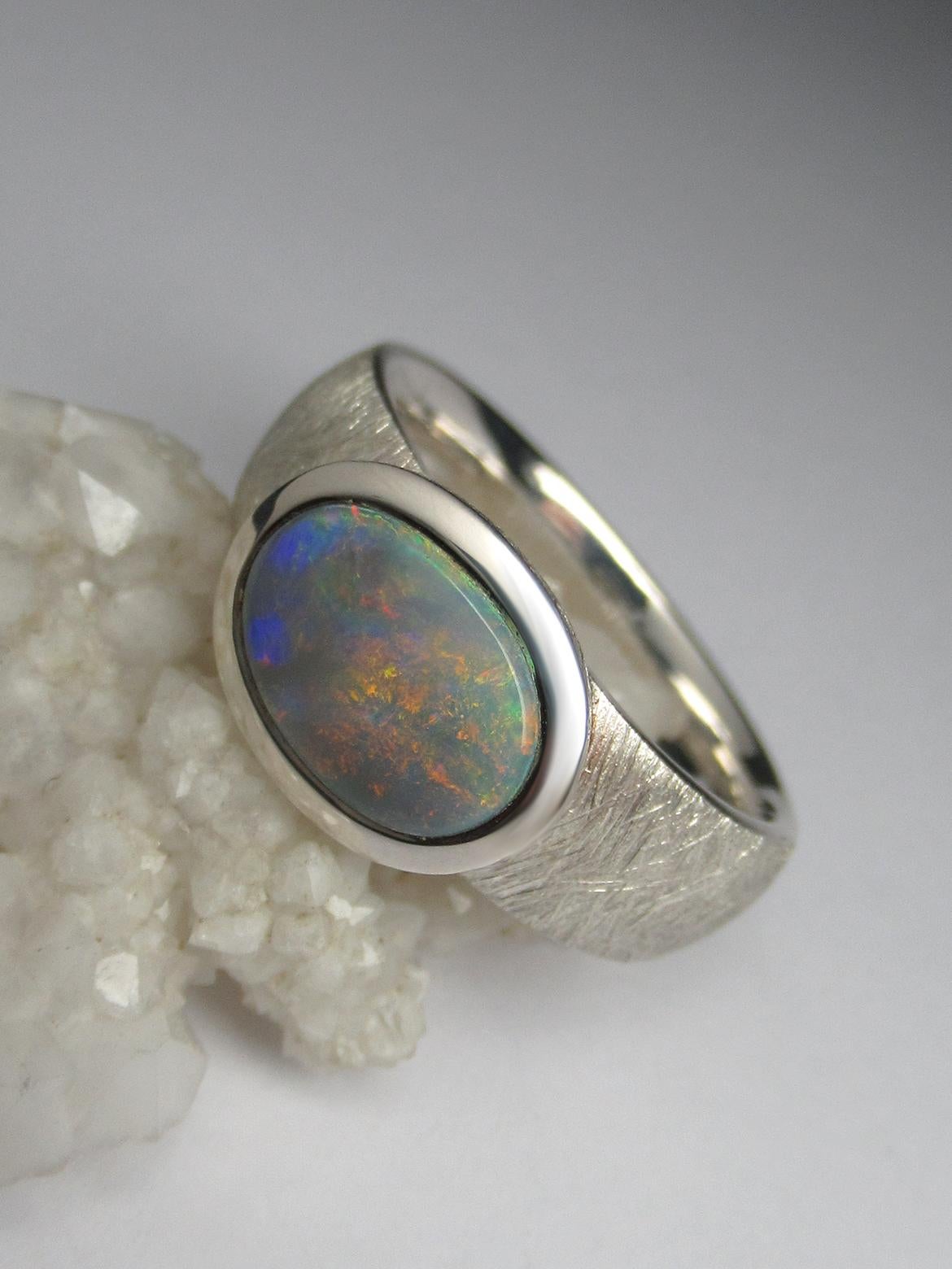 Bague de fiançailles argentée, opale naturelle australienne, véritable opale massive en vente 5