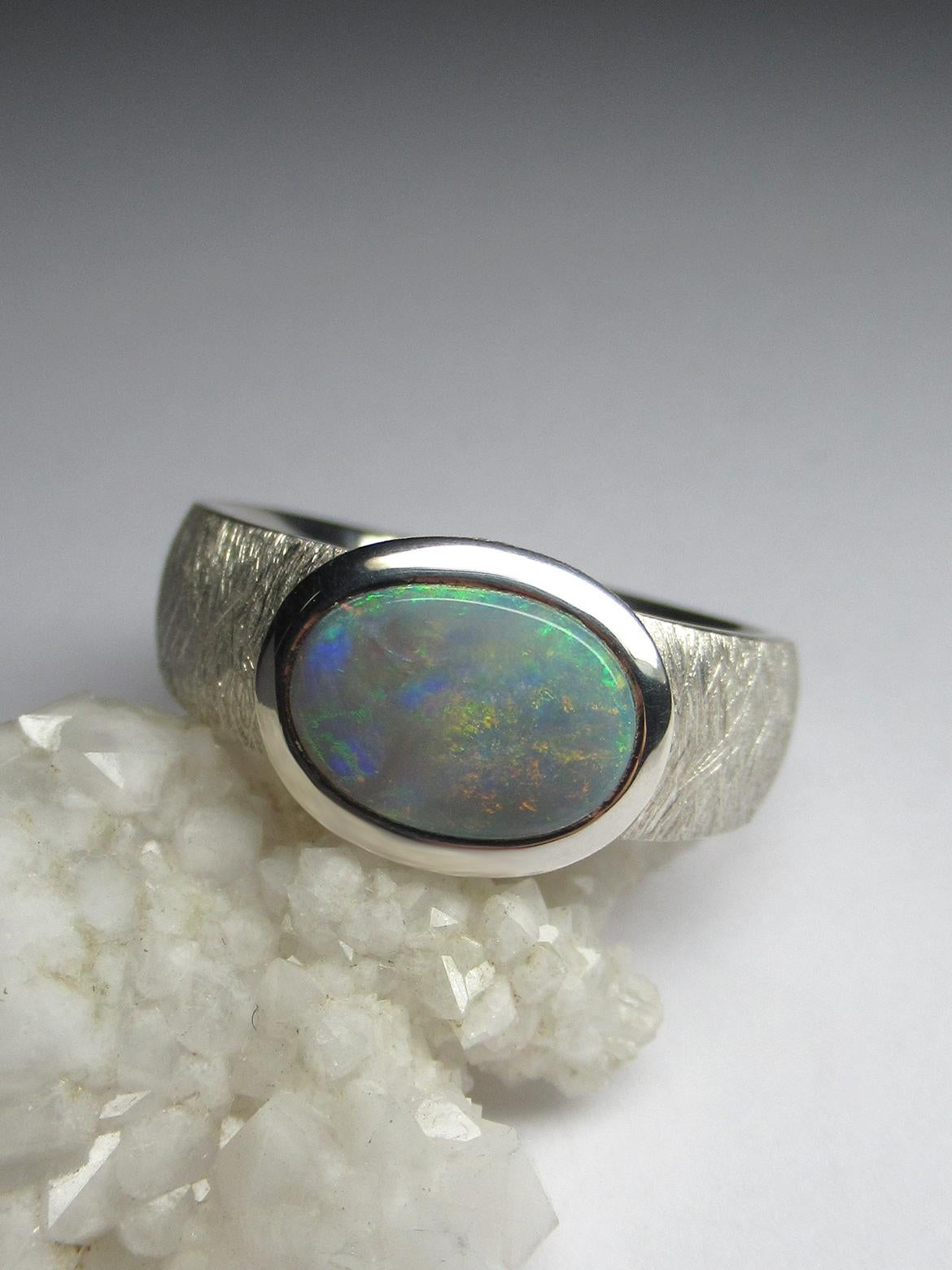 Opal ring silver natural australian opal genuine solid opal engagement ring For Sale 6