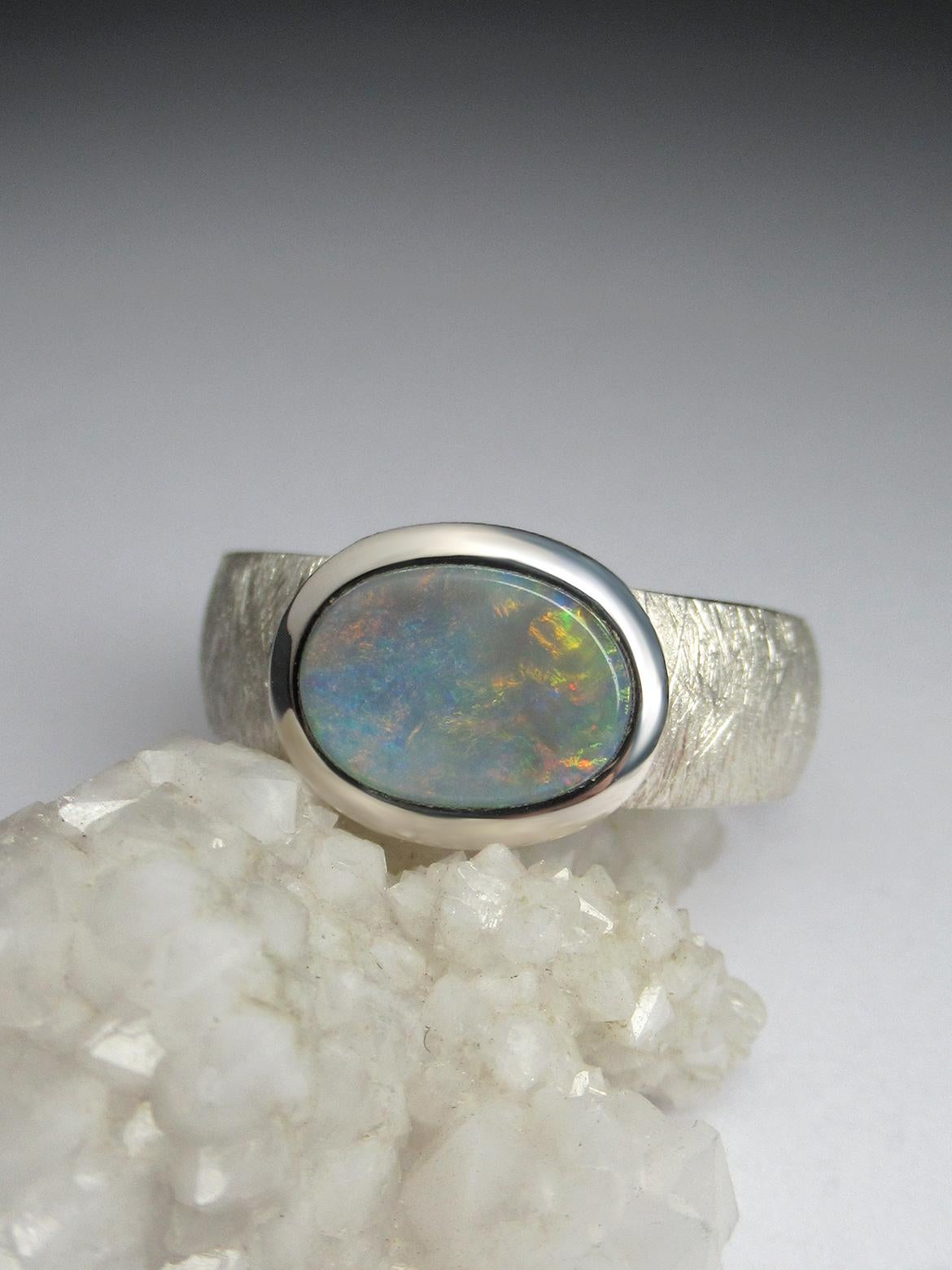 Oval Cut Opal ring silver natural australian opal genuine solid opal engagement ring For Sale