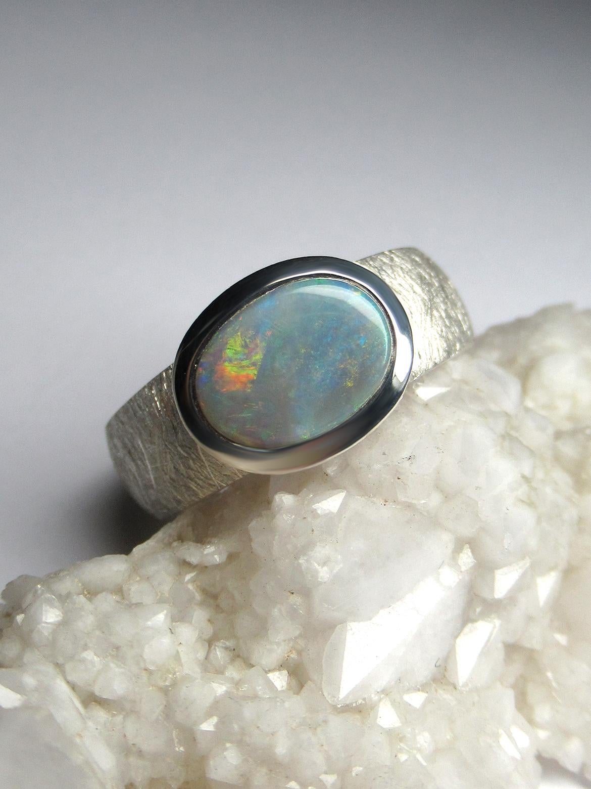 Bague de fiançailles argentée, opale naturelle australienne, véritable opale massive Unisexe en vente