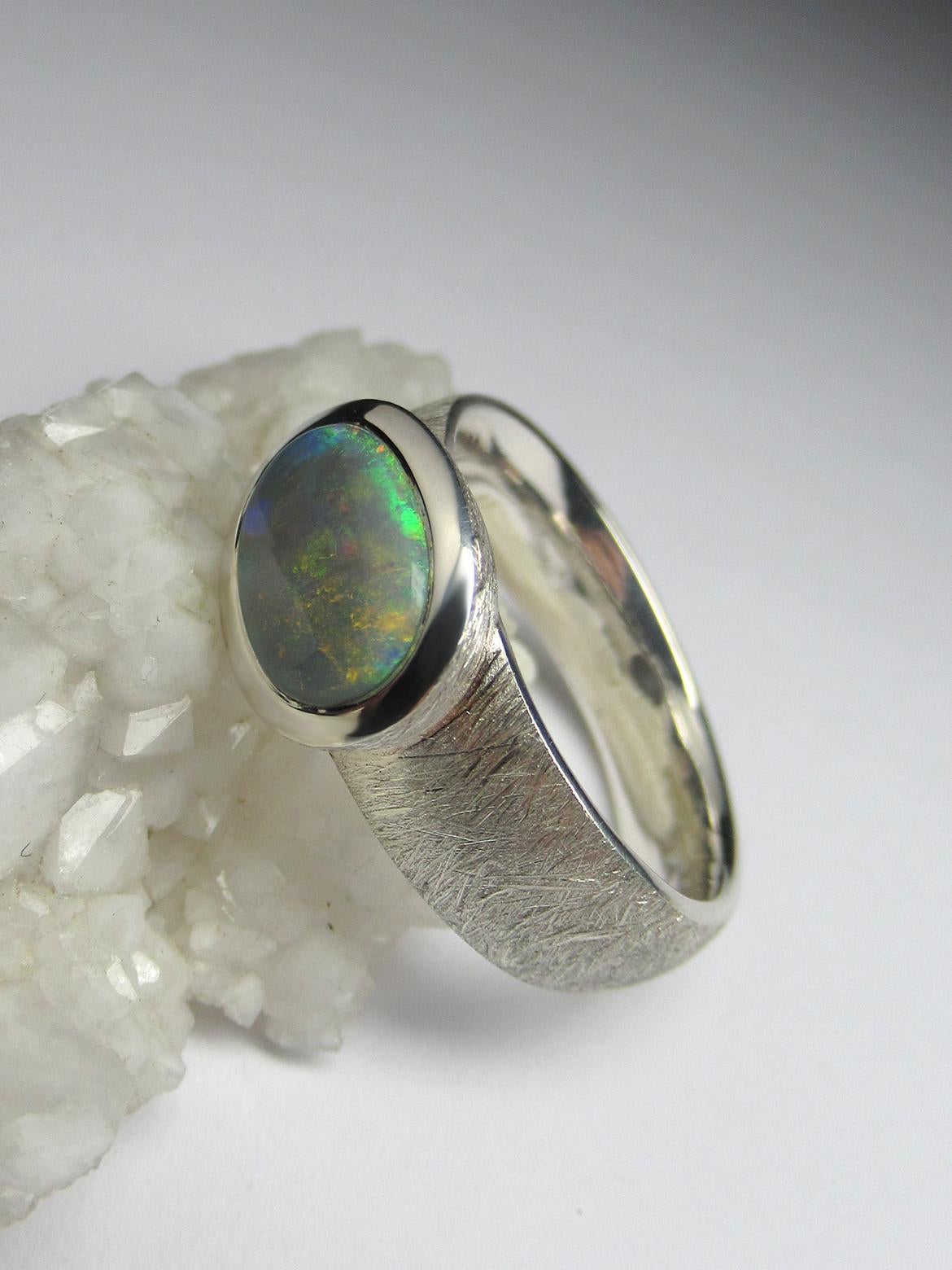Opal ring silver natural australian opal genuine solid opal engagement ring For Sale 1